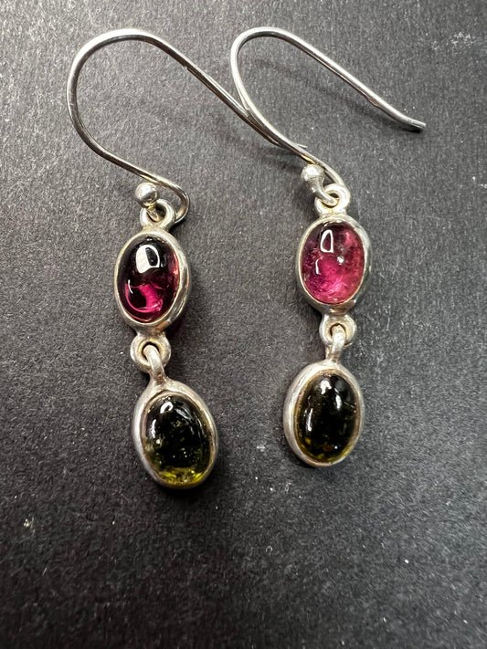 Vintage Sterling Silver Pink & Green Tourmaline Dangle Earrings Nature Company