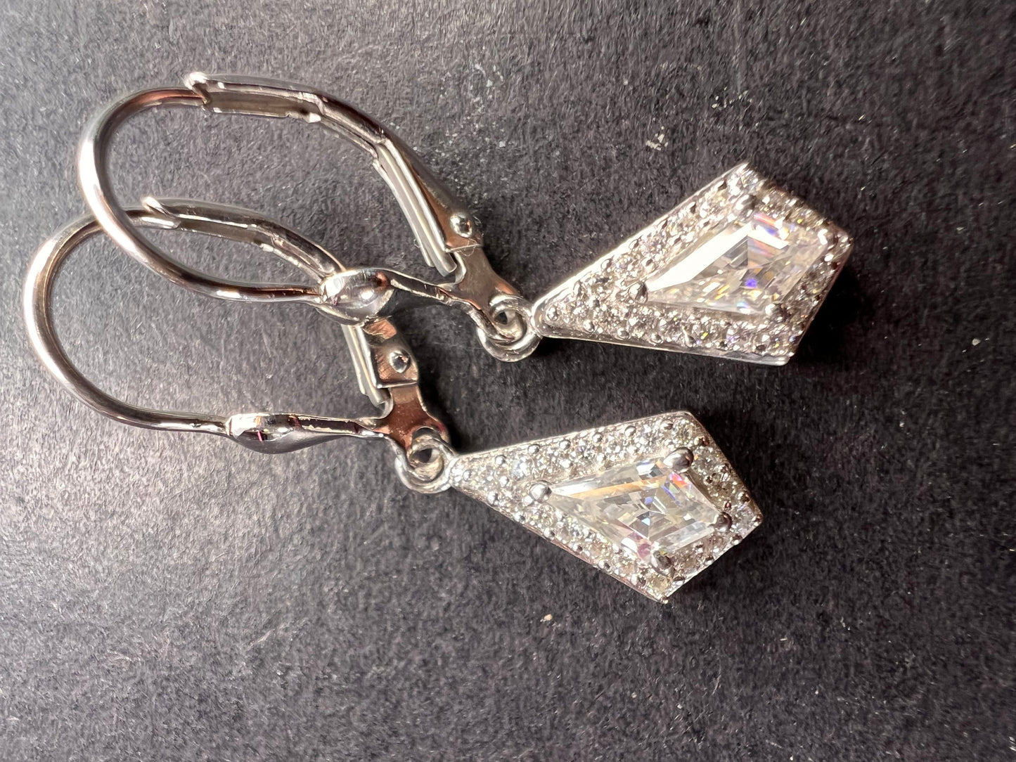 Moissanite lever back kite earrings in platinum over sterling silver *NEW*