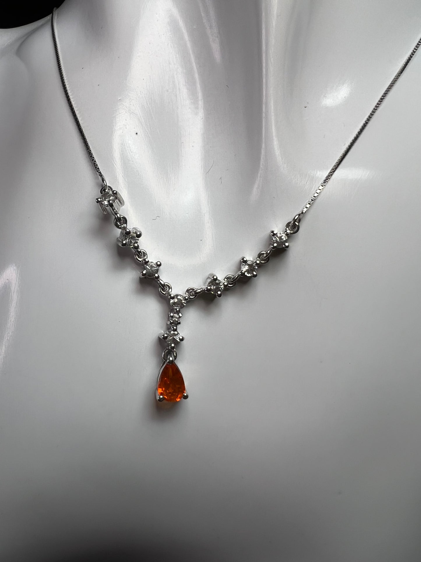 Vintage Sterling Silver Mexican Fire Opal & White Topaz Y Necklace