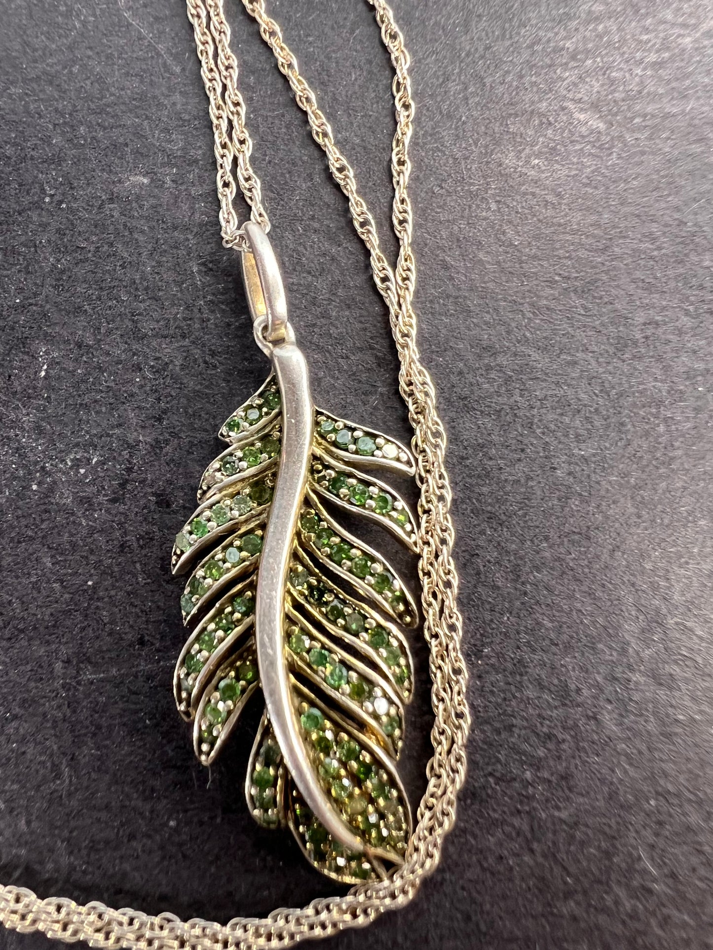 Natural green diamonds feather pendant and chain necklace in white gold over sterling silver