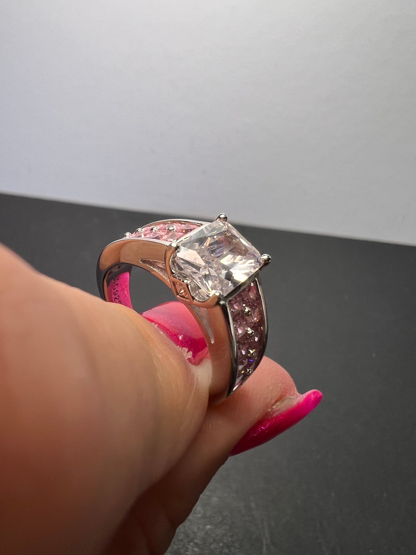 Pink and white CZ rhodium over sterling silver ring size 9