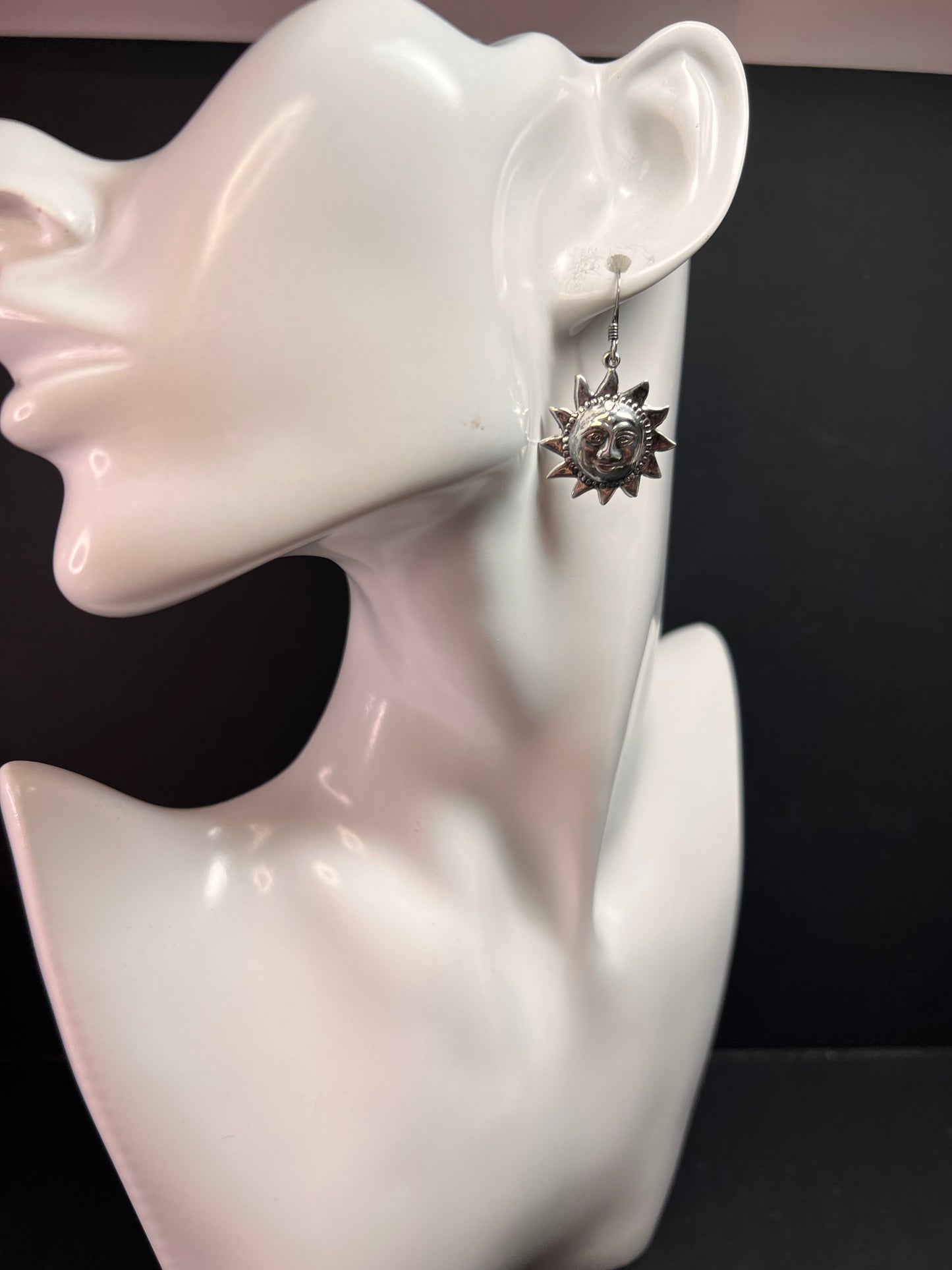 Vintage Sterling Silver Sun Face Dangle Earrings 925