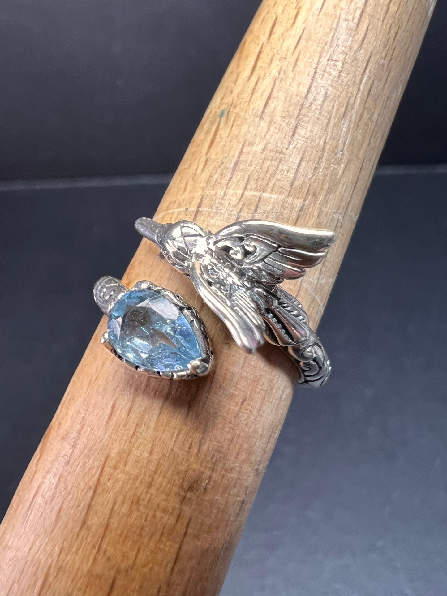 NEW Blue topaz hummingbird Bali sterling silver ring size 7
