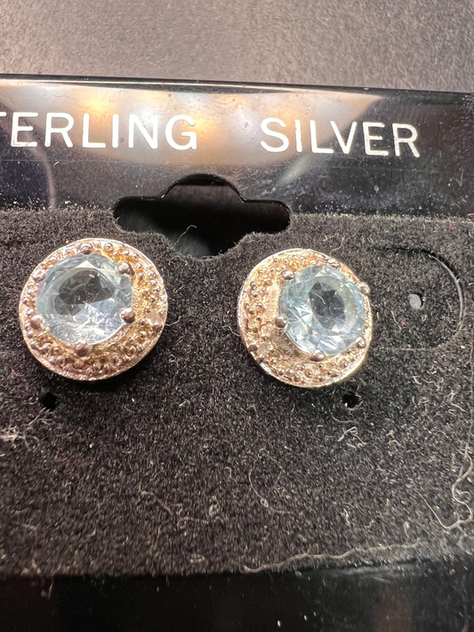 NEW blue topaz and diamond sterling silver stud earrings