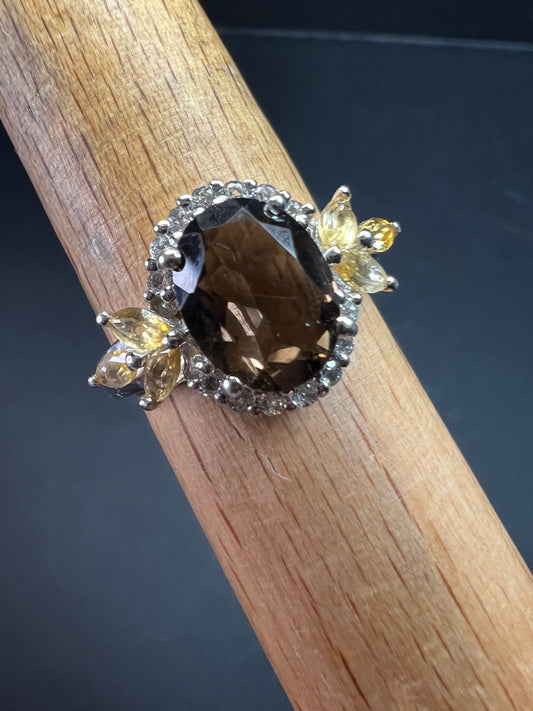 Smoky Quartz Citrine White Topaz Sterling Silver Ring Size 9 Estate