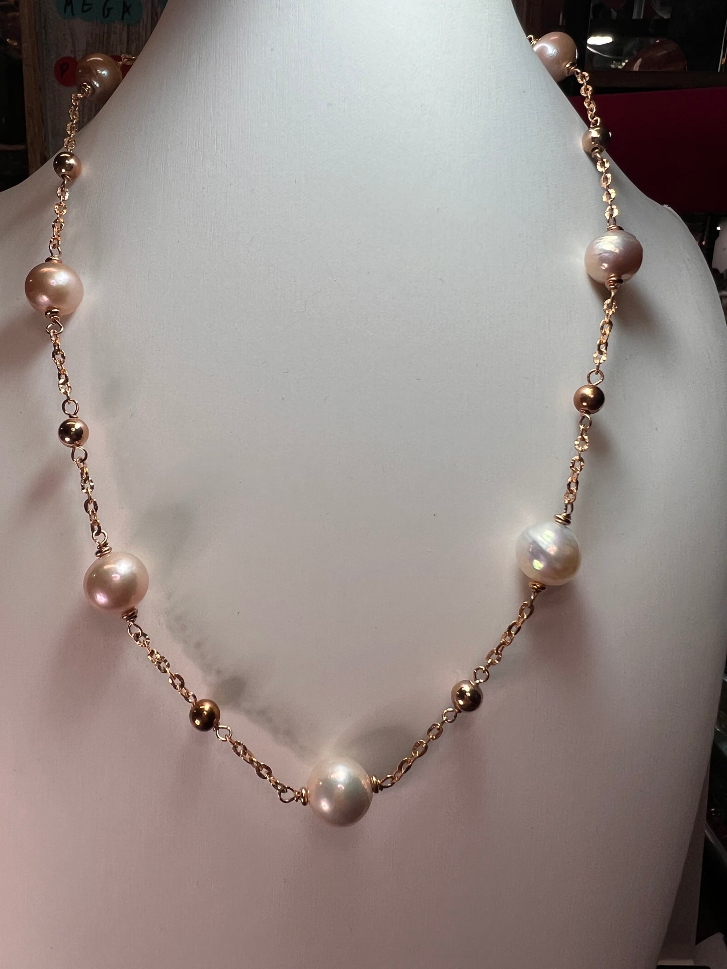 Cultured pearl station necklace in rose gold over bronze