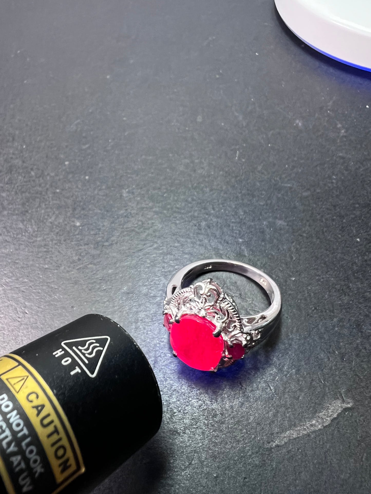 Ruby and white topaz sterling silver cocktail ring size 9