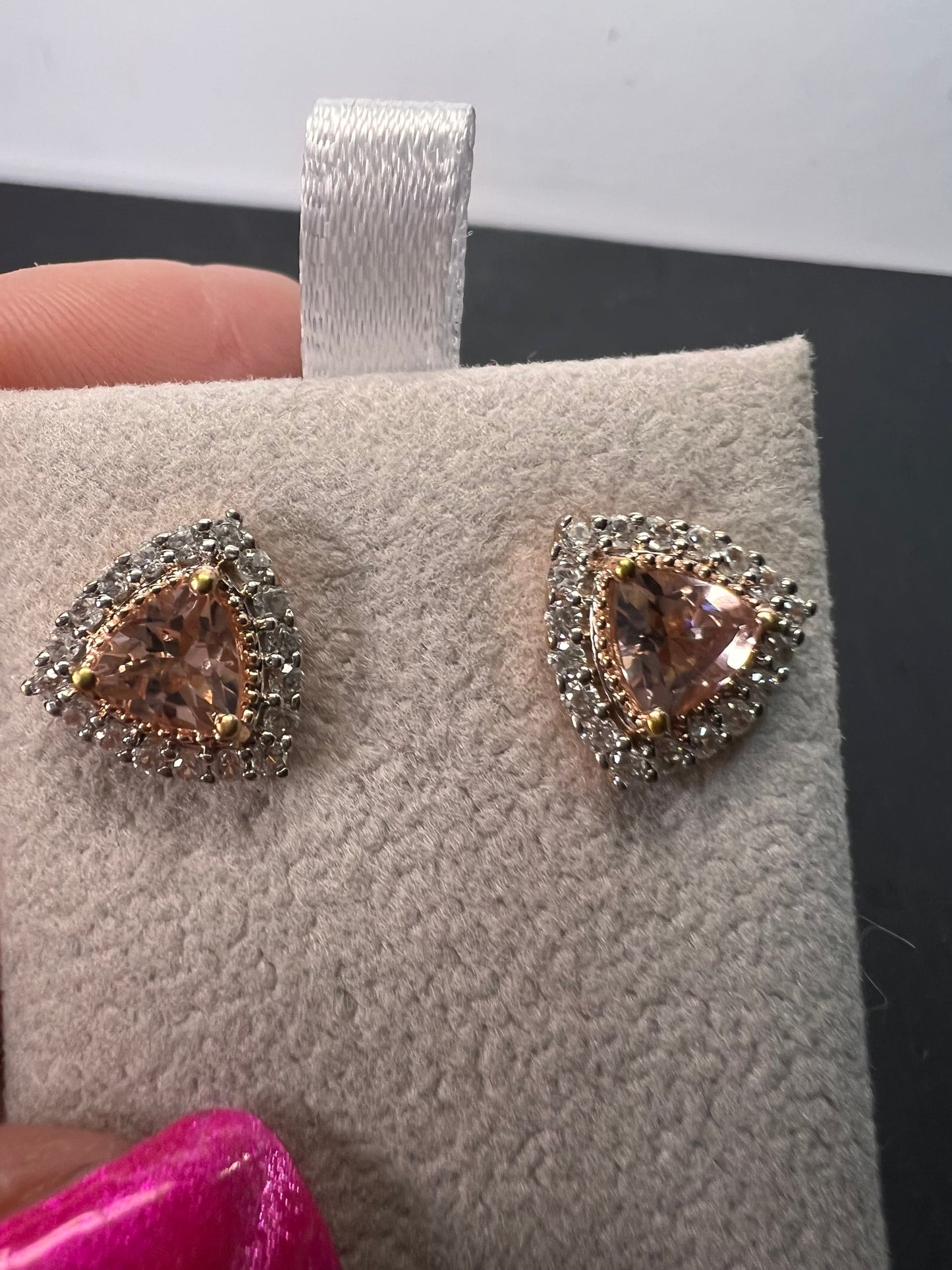 Morganite and zircon trillion halo rose gold over sterling stud earrings