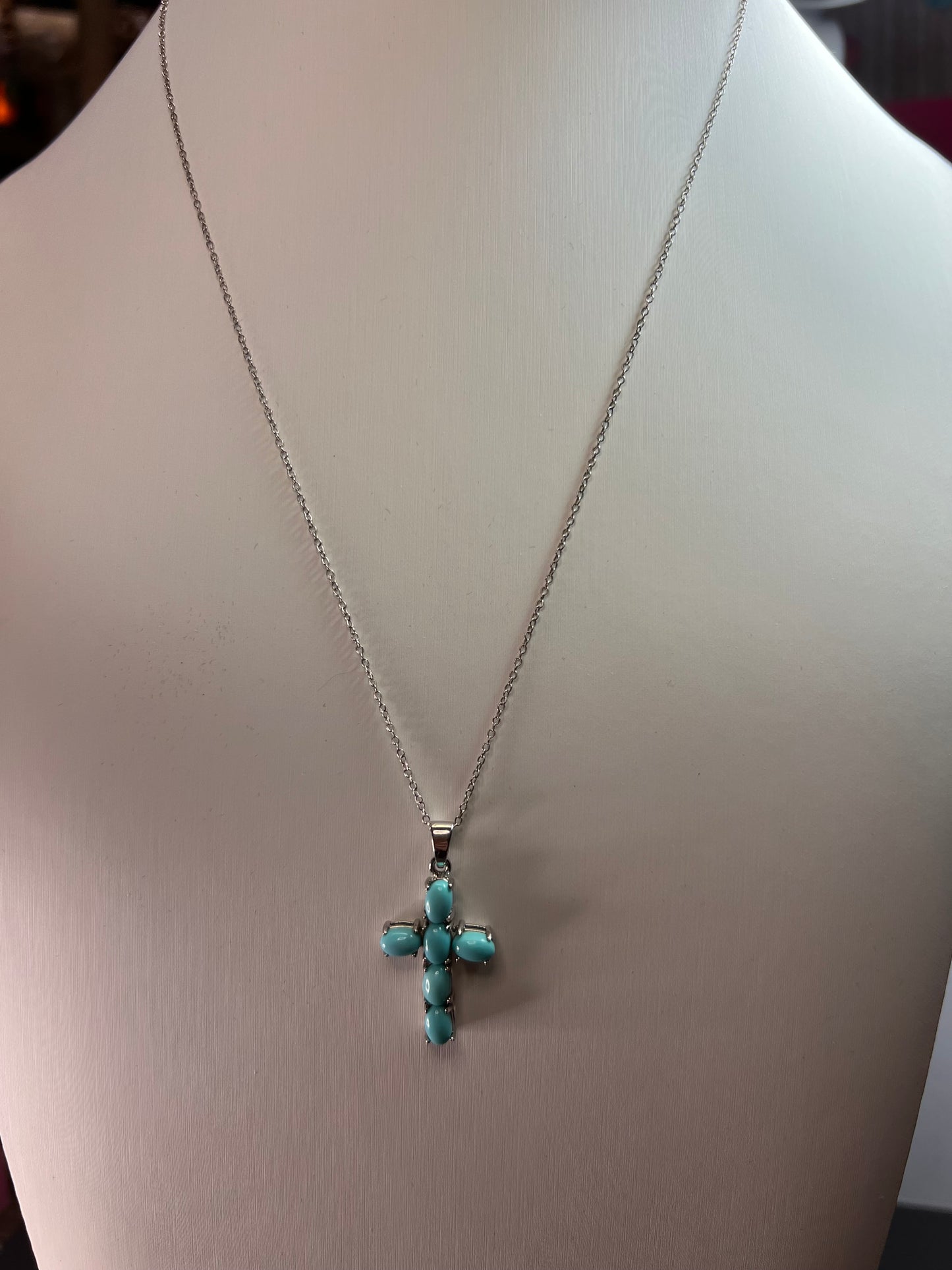 Sleeping Beauty turquoise cross pendant and chain  in rhodium over sterling silver necklace