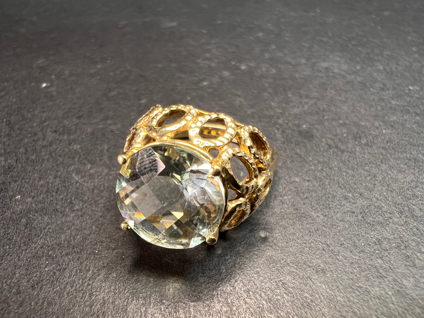 Vintage 10K Yellow Gold Prasiolite (Green Amethyst) Filigree Statement Ring Size 7