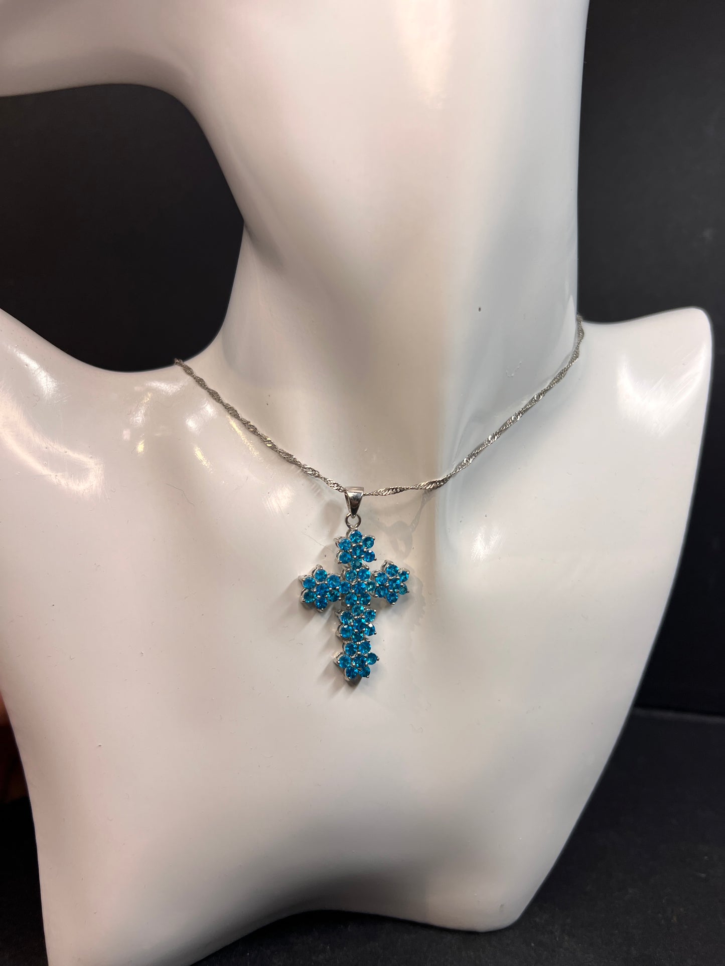 Neon Blue Apatite Rhodium Over Sterling Silver Cross Pendant With Chain 3.25ctw