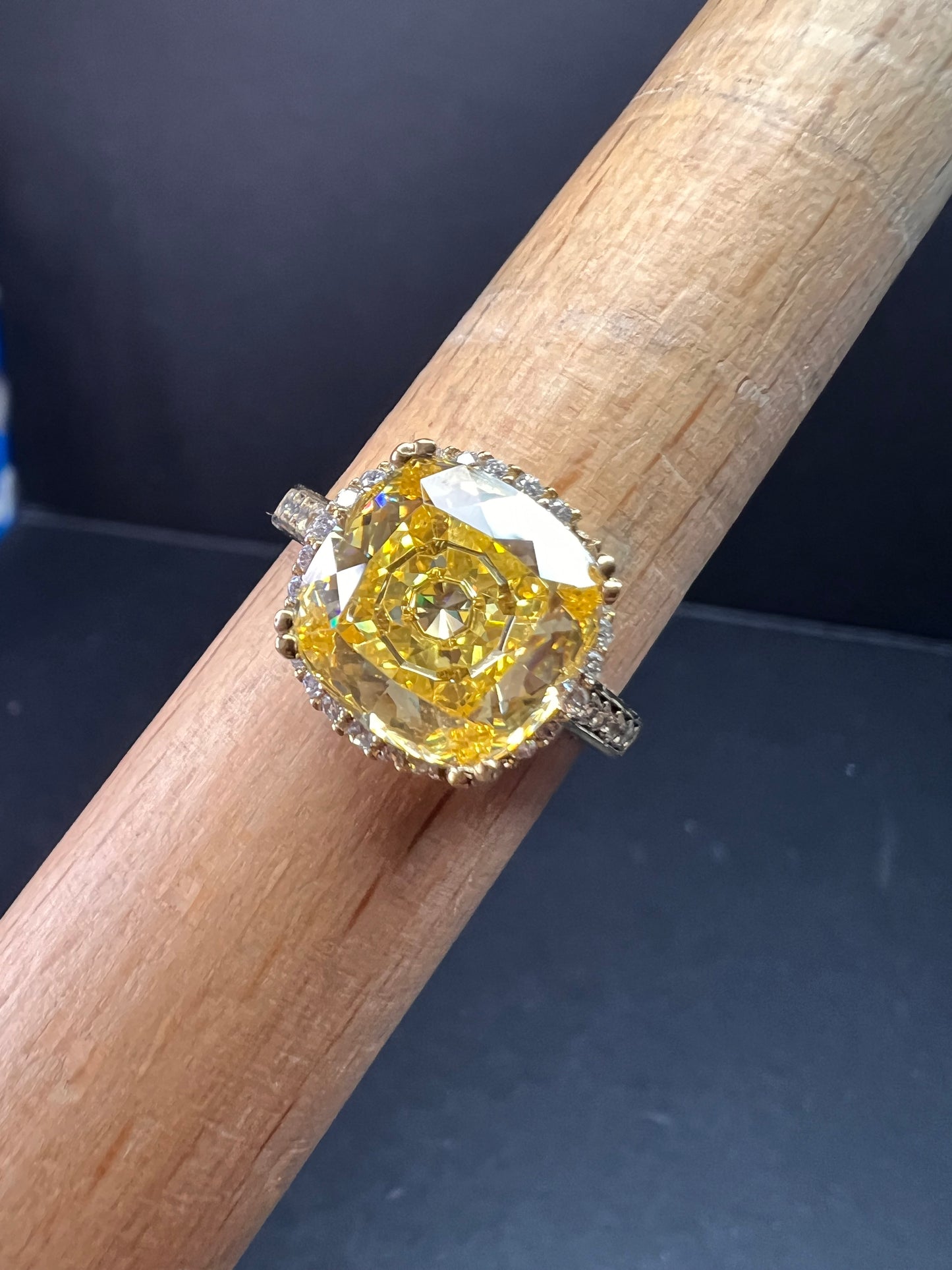 Yellow CZ halo ring in gold over sterling silver size 9