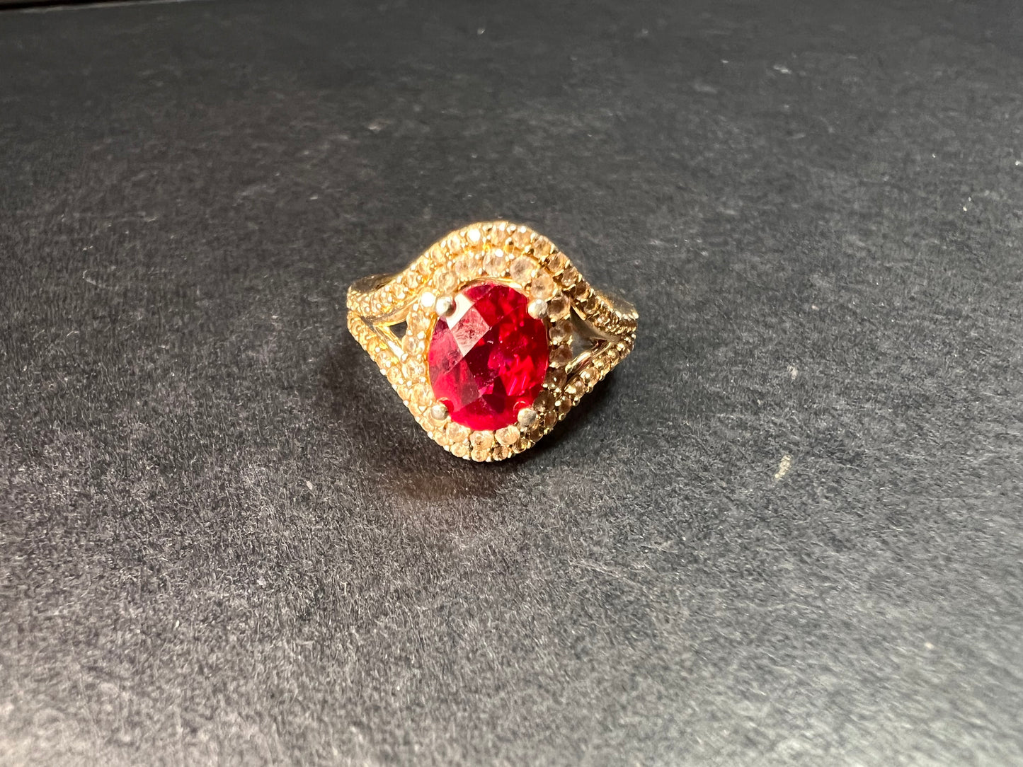 Lab Ruby and topaz halo ring in gold over sterling silver size 7