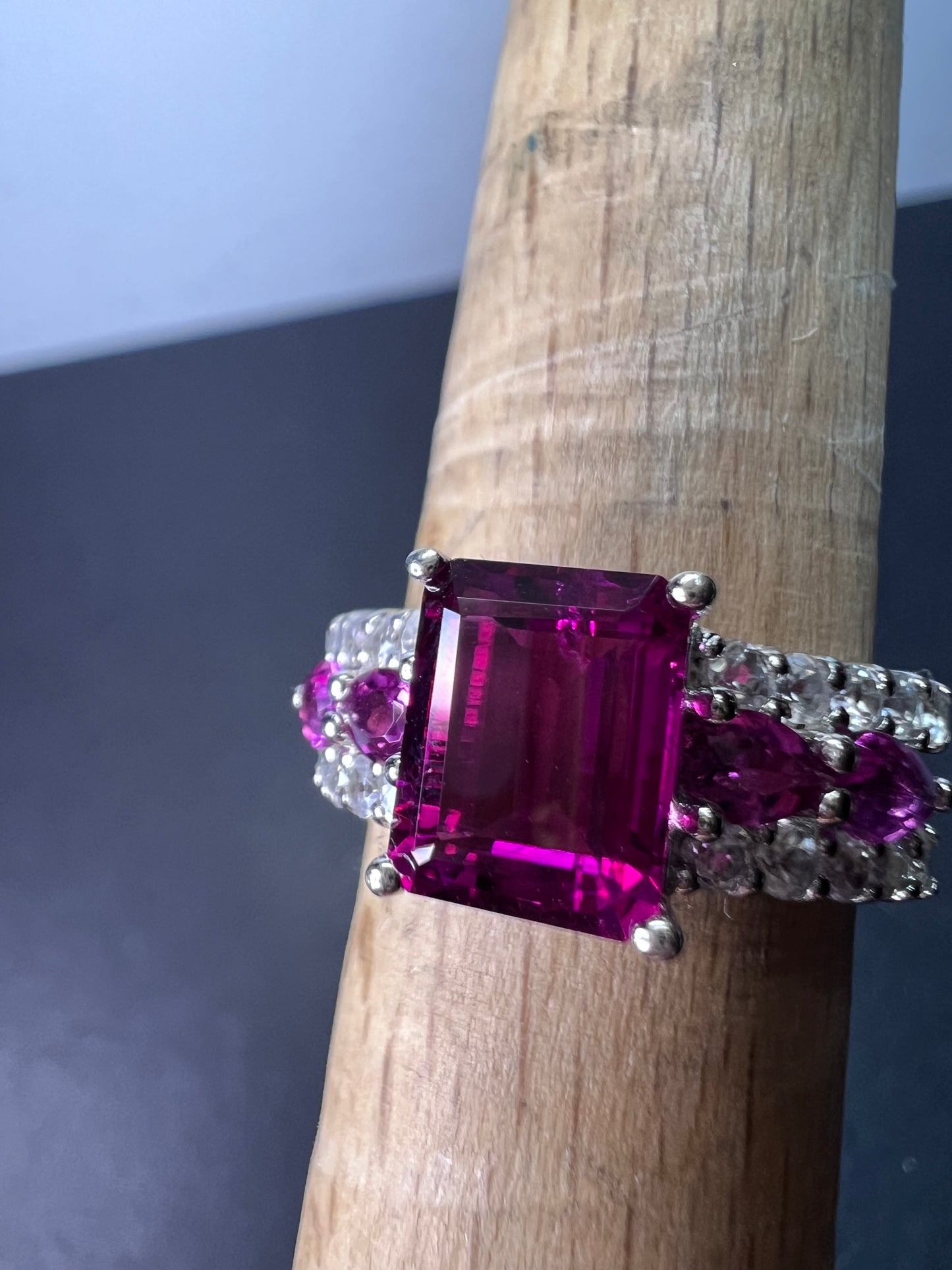 Lab pink tourmaline and white topaz statement ring size 8