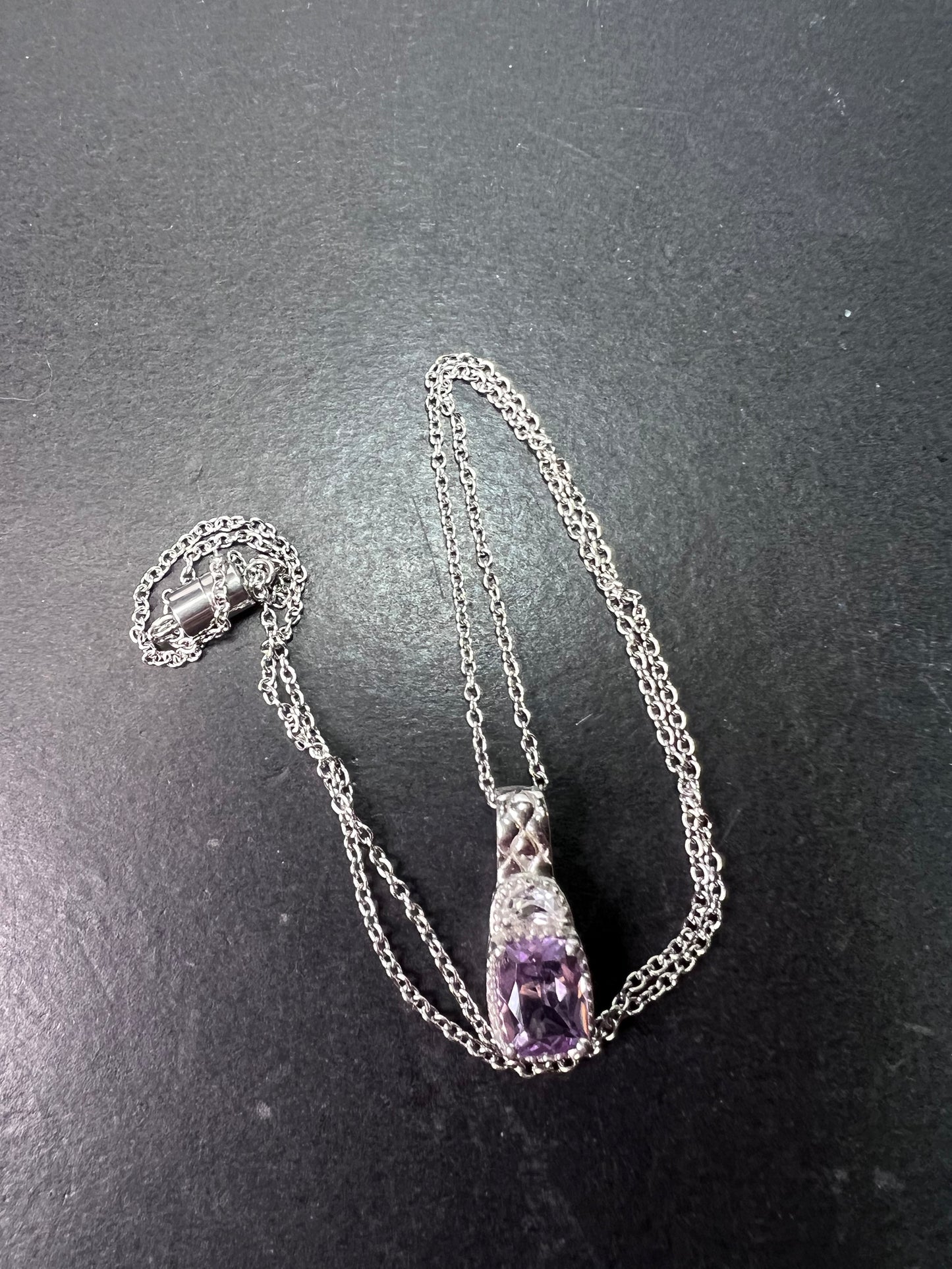 Rose de France amethyst and white topaz sterling silver pendant with stainless steel chain