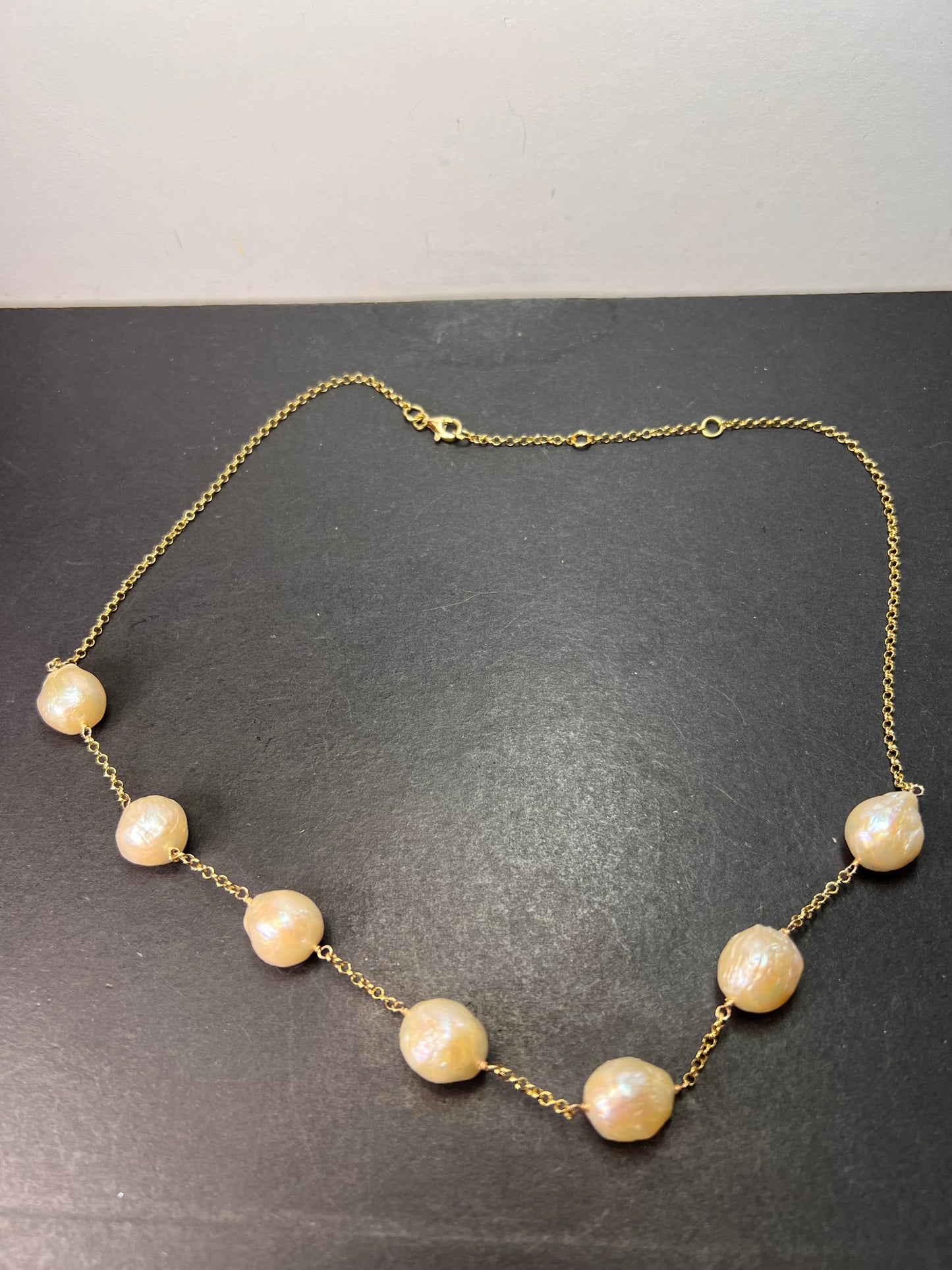 13-15mm baroque pearl station necklace in gold over sterling silver