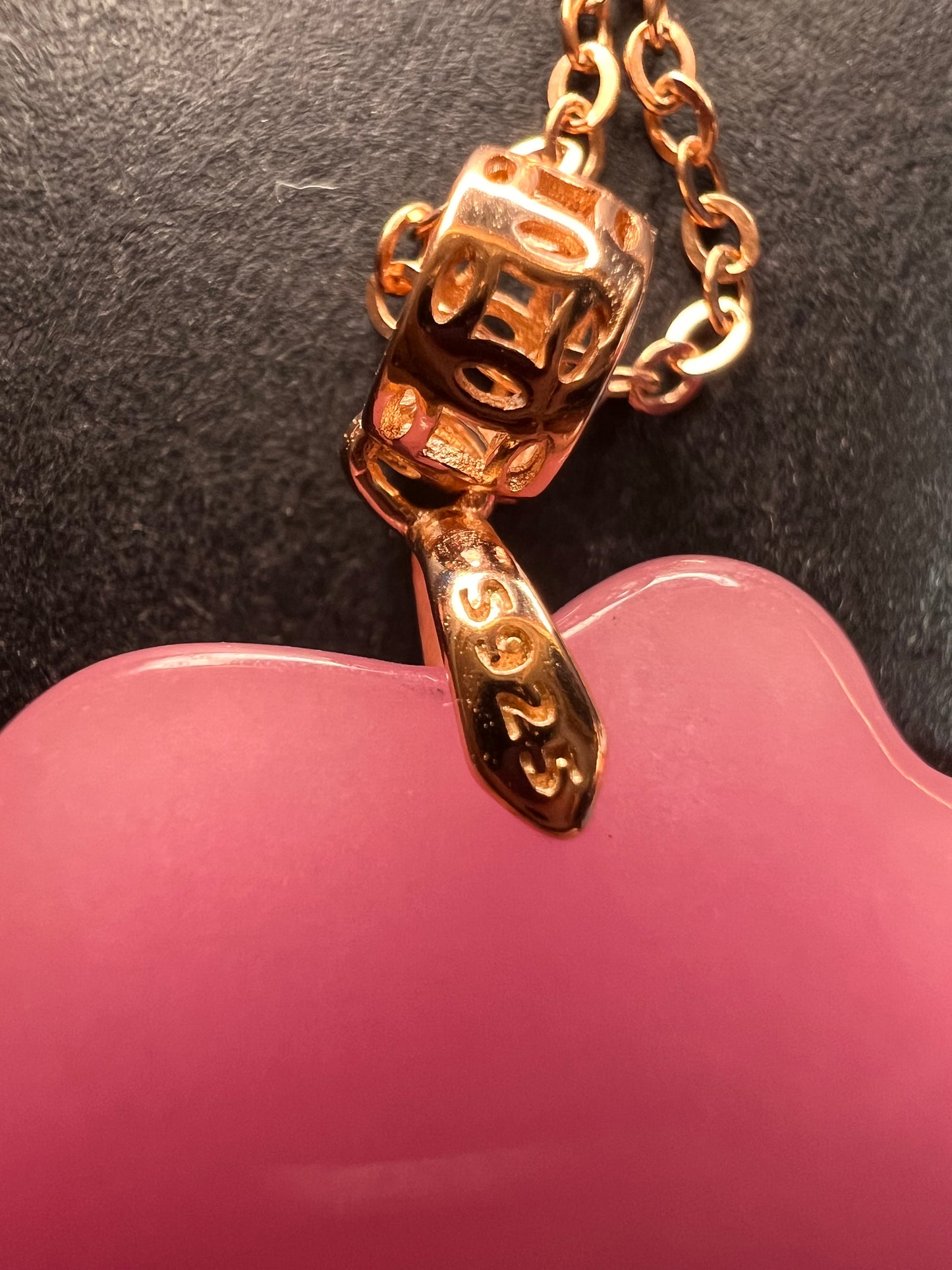 NEW Pink jade dragon pendant and 20 inch chain in rose gold over sterling silver