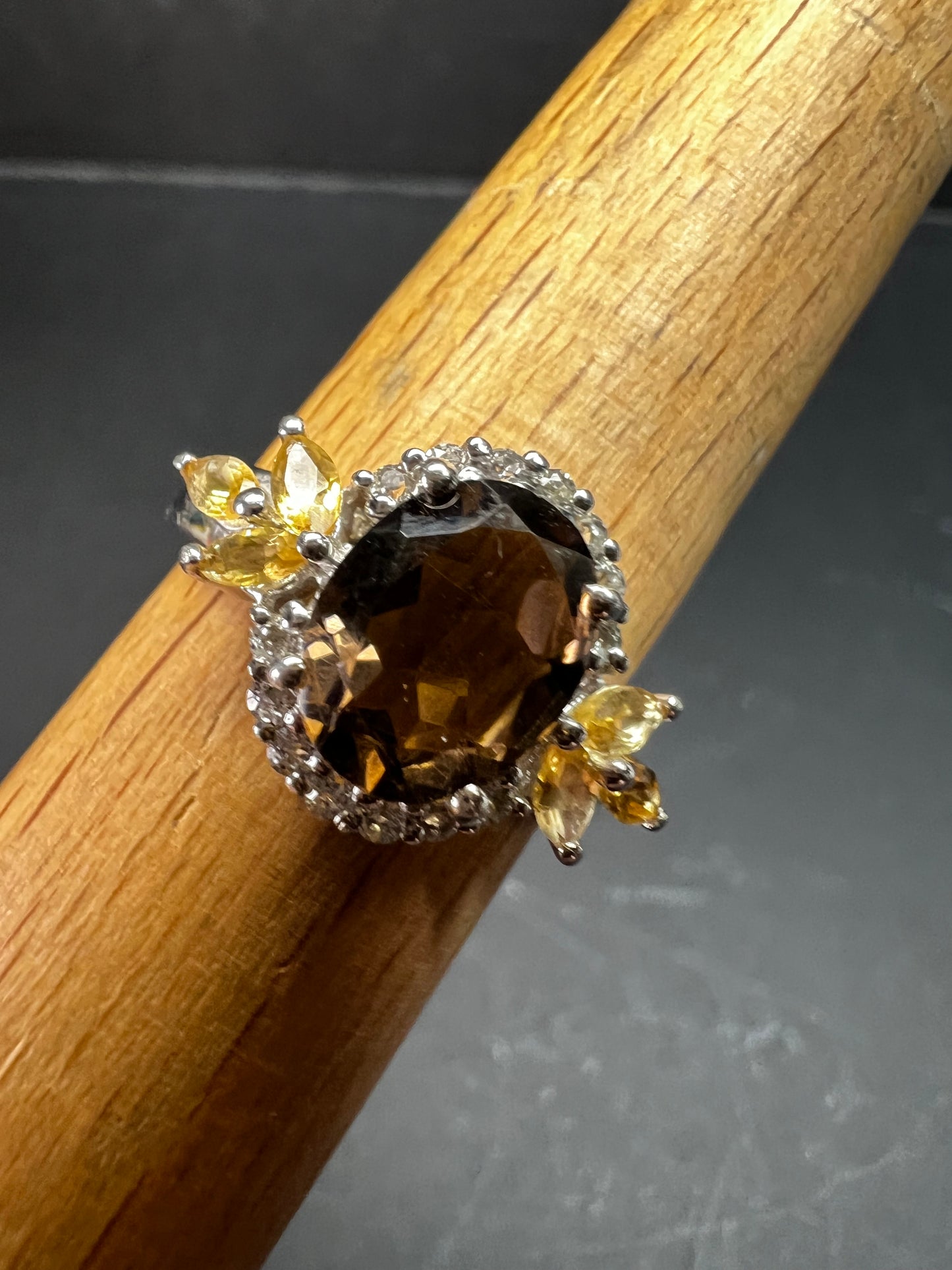 Smoky Quartz Citrine White Topaz Sterling Silver Ring Size 9 Estate
