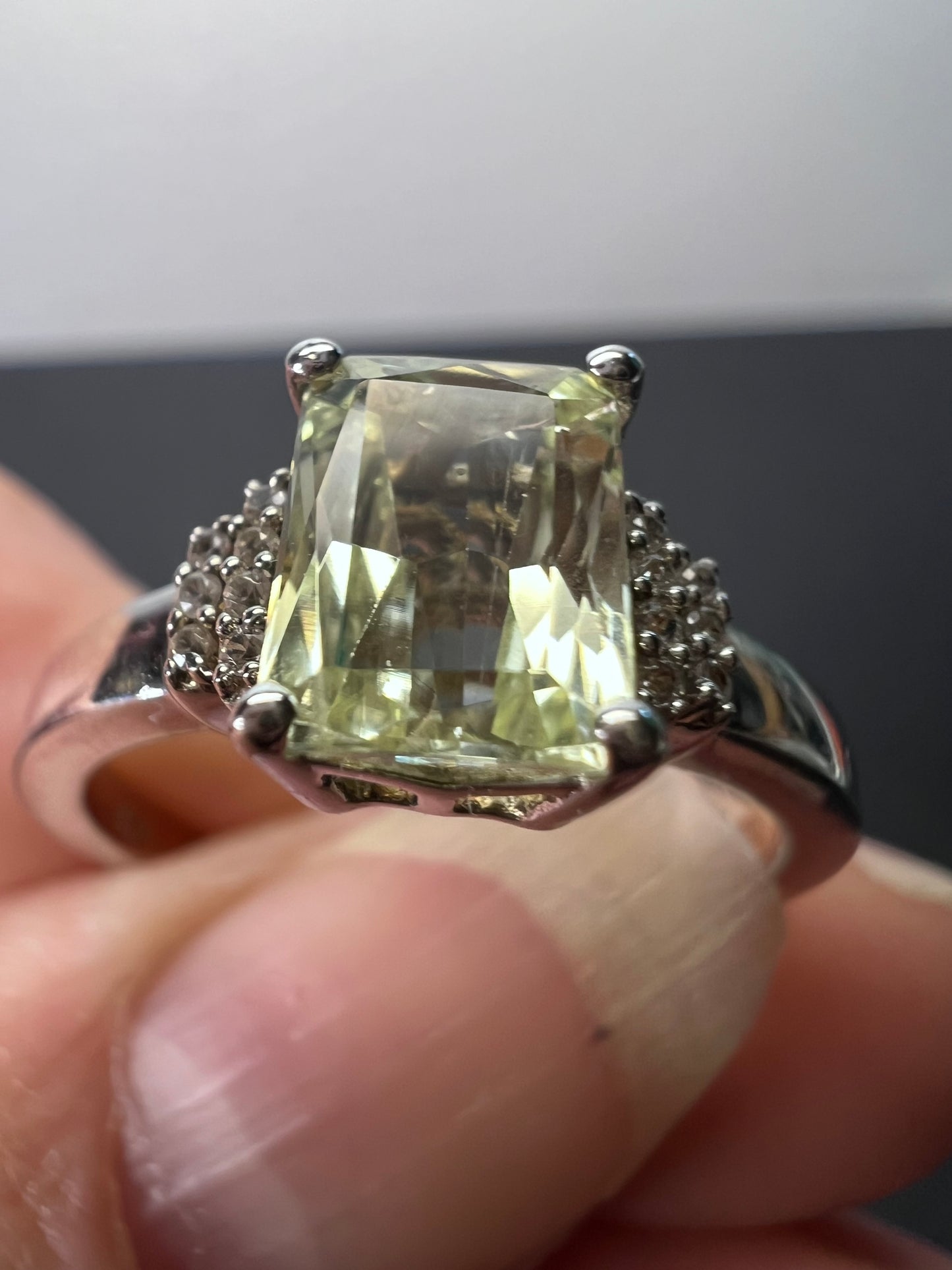 Prasiolite and zircon Sterling silver ring size 9