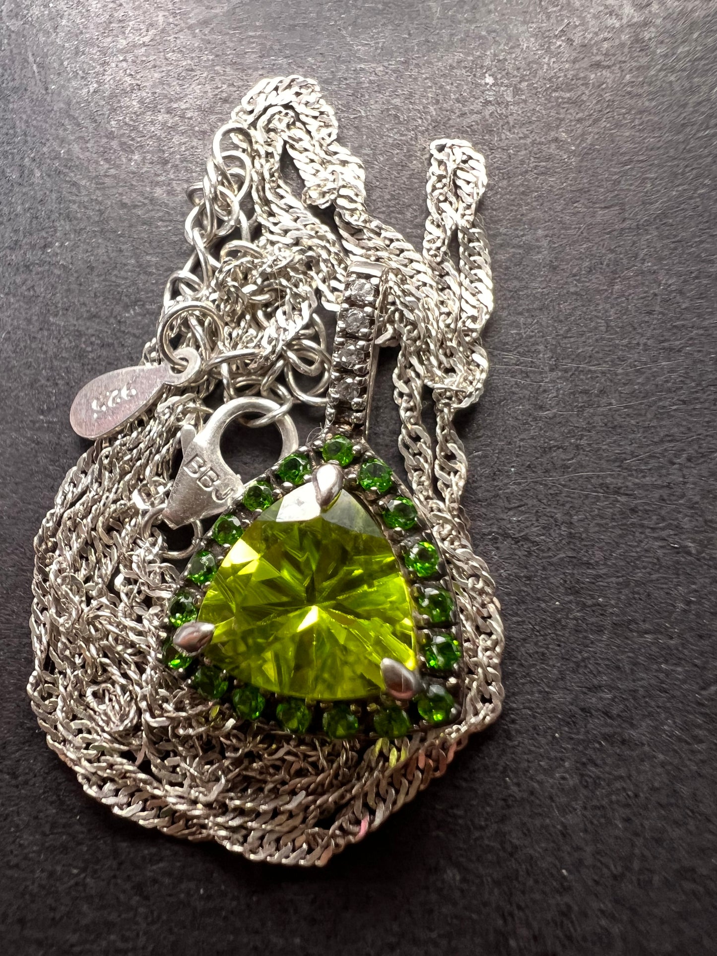 Trillium cut peridot and chrome diopside halo pendant and chain sterling silver necklace