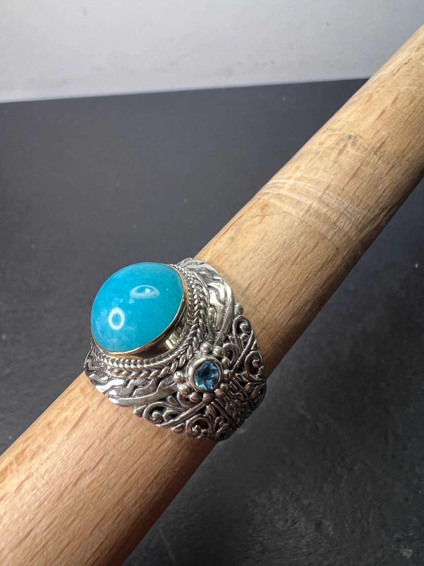 Sarda Peruvian amazonite and London blue topaz sterling silver statement ring size 9