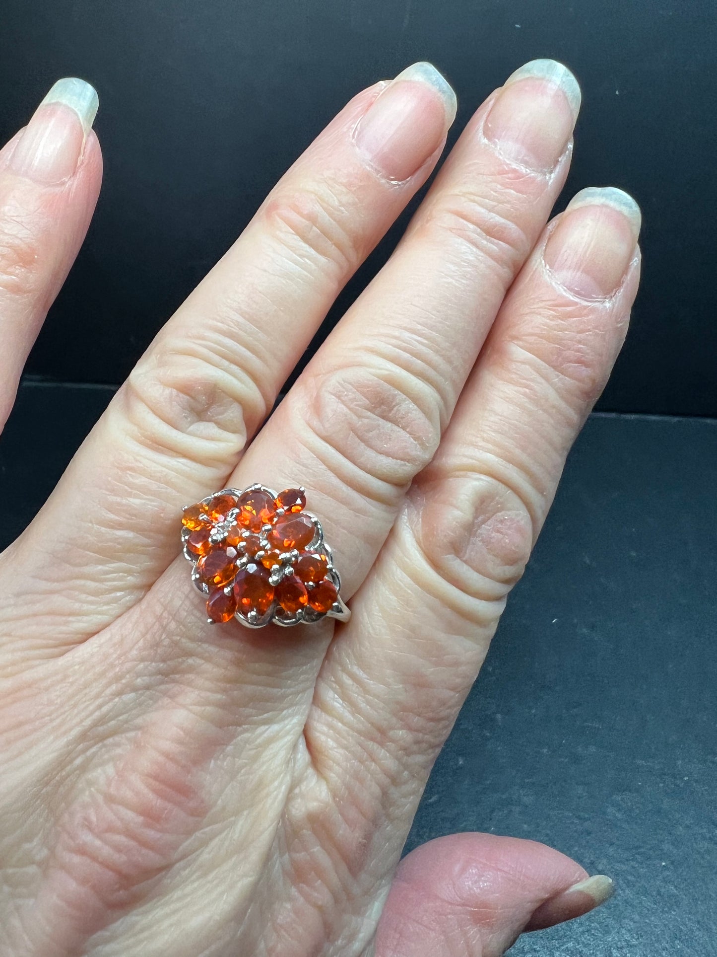 Vintage Sterling Silver Mexican Fire Opal Floral Cluster Ring Sz 9