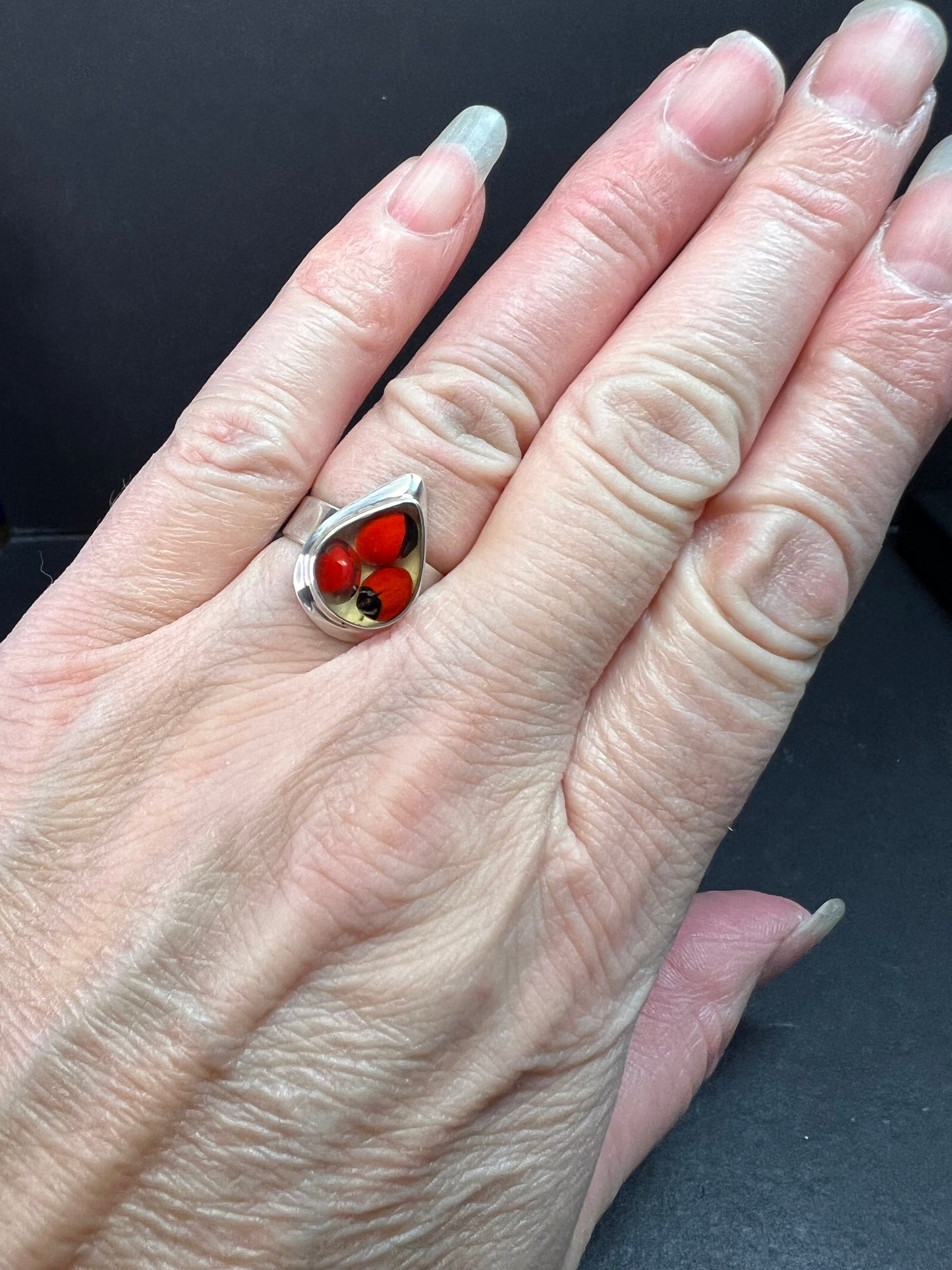 950 Silver Adjustable Huayruro Seed Resin Ring – Peruvian Artisan Good Luck Jewelry, Size 7