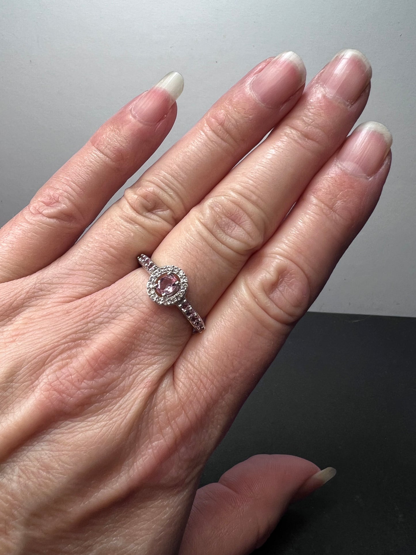 Pink tourmaline and white zircon sterling silver halo ring size 9