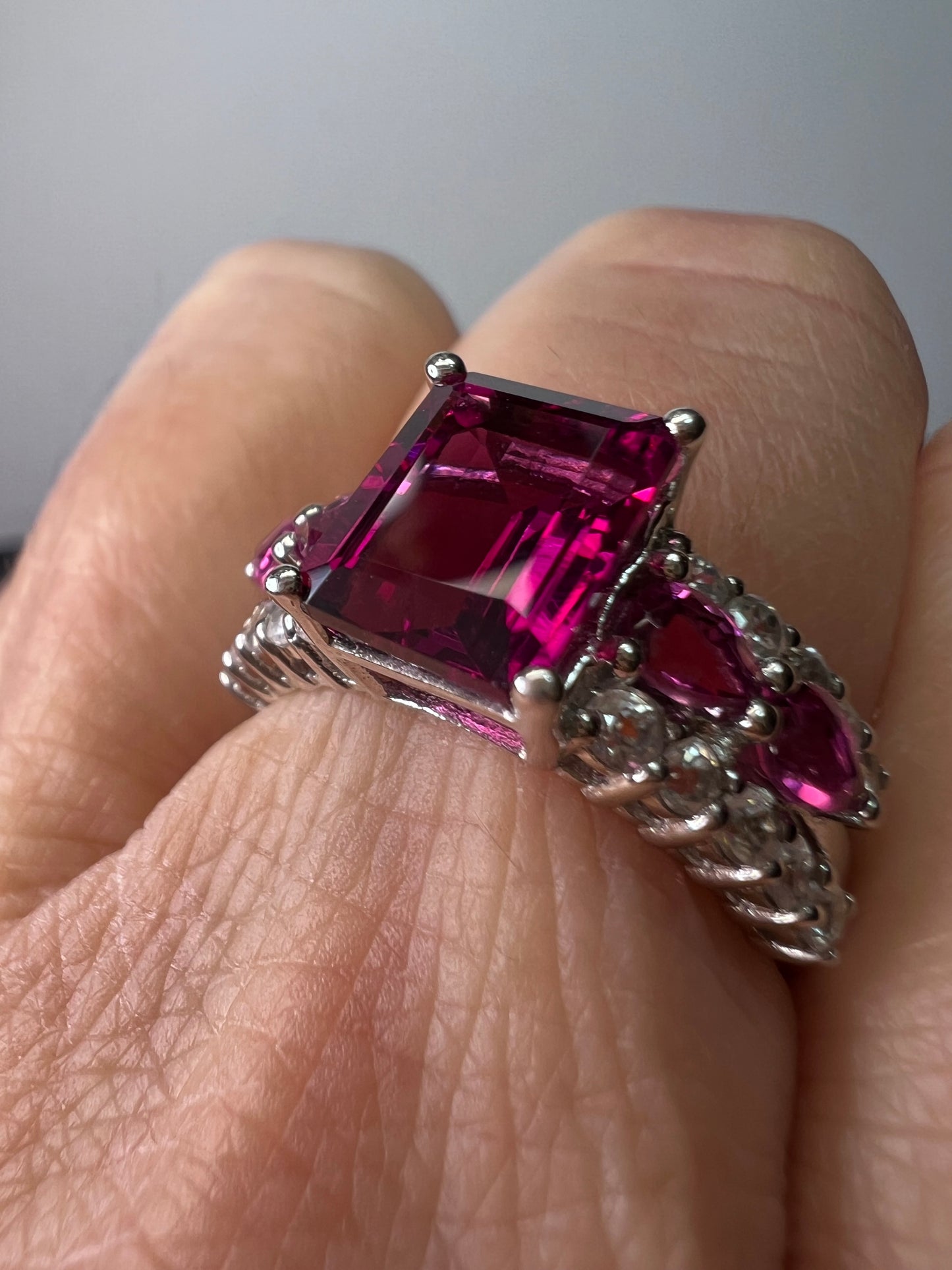 Lab pink tourmaline and white topaz statement ring size 8