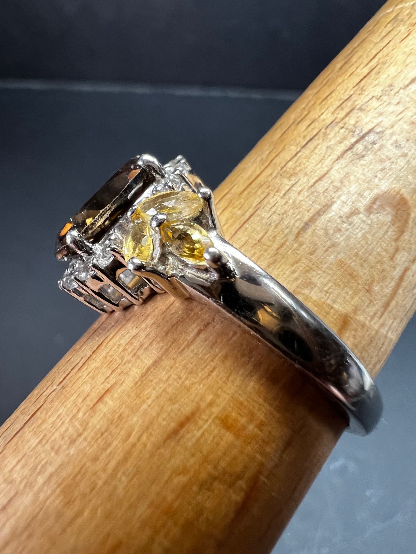 Smoky Quartz Citrine White Topaz Sterling Silver Ring Size 9 Estate