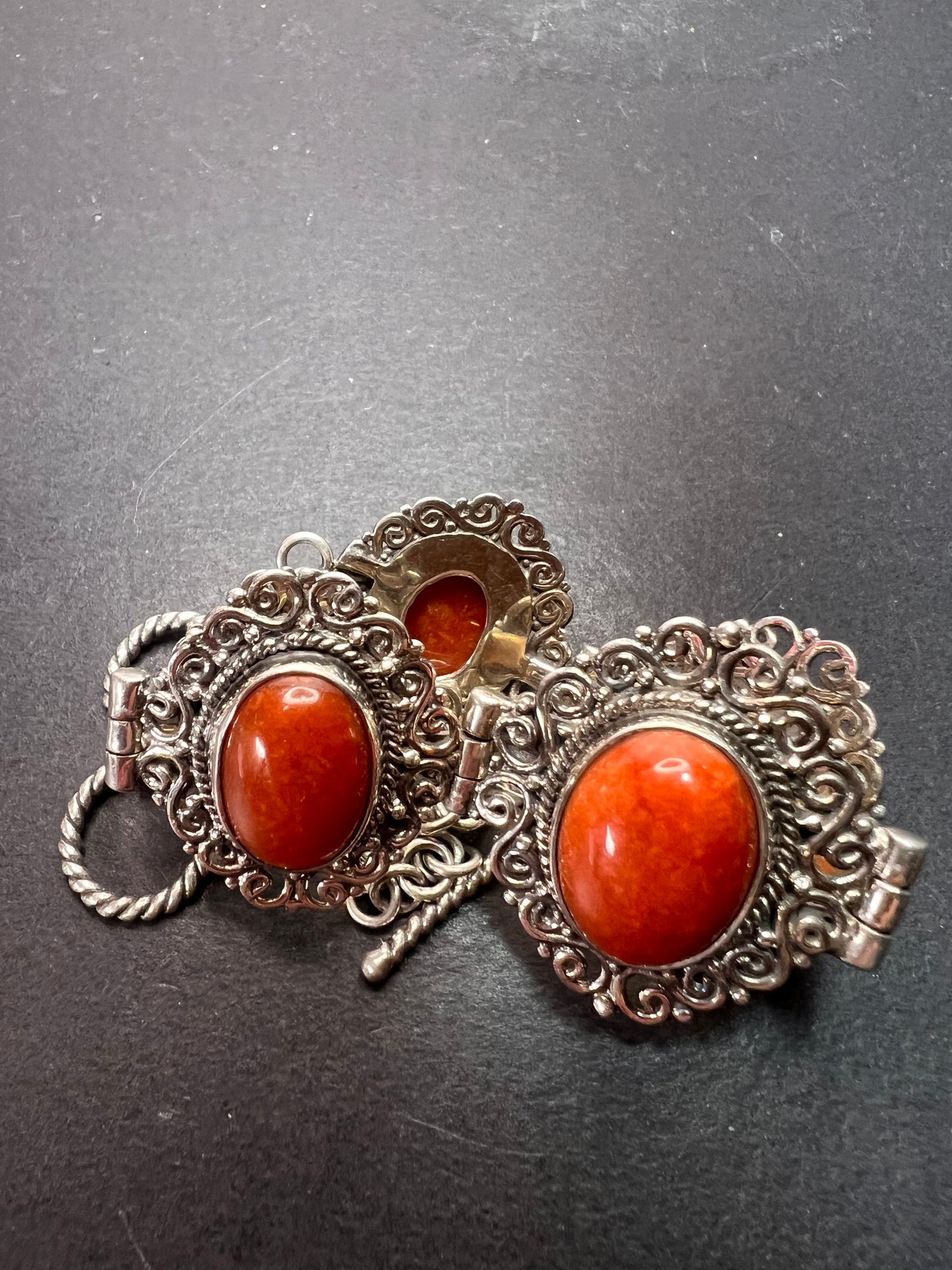 Red orange jade ornate sterling silver toggle bracelet