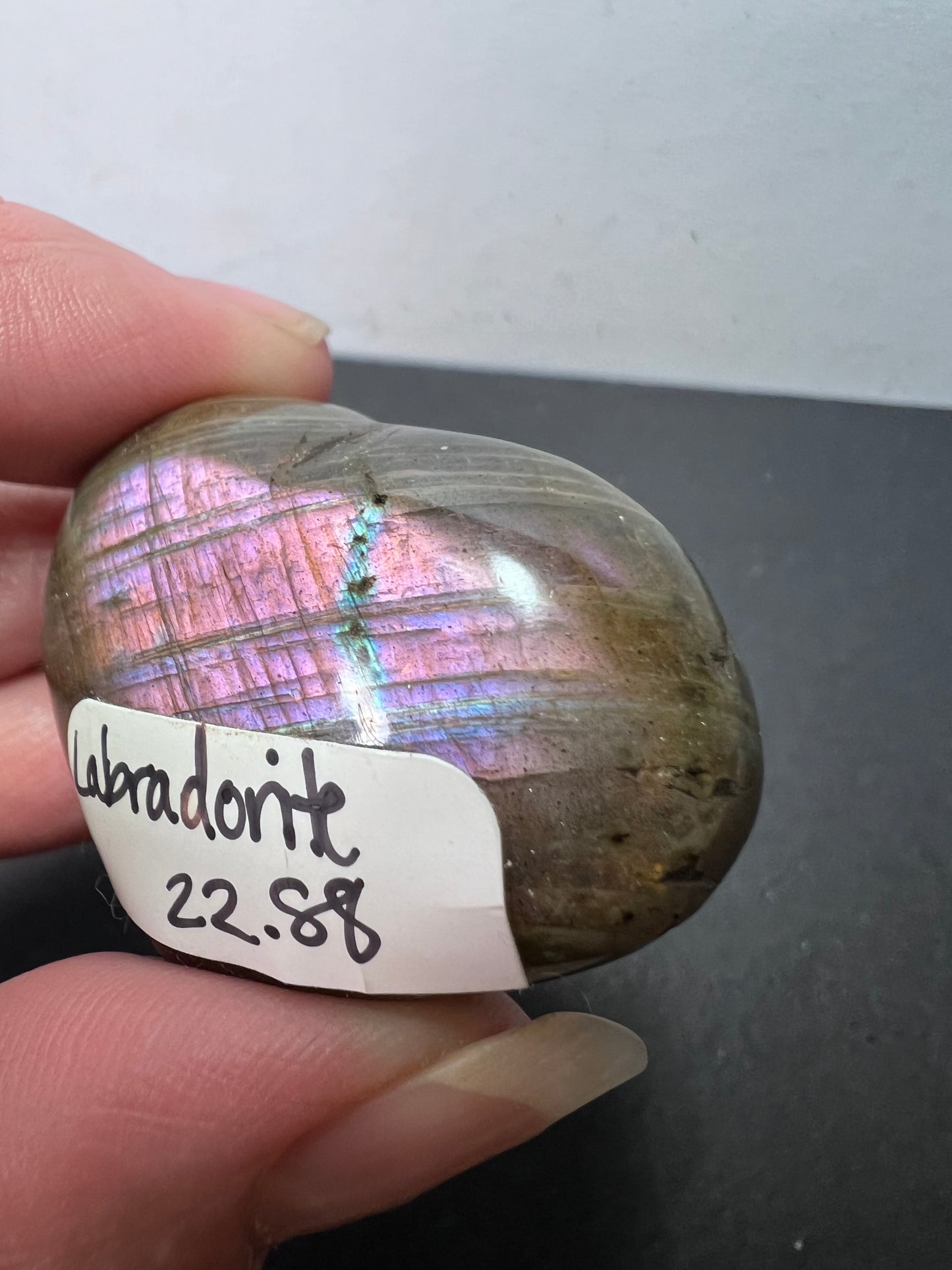 Labradorite heart with pink and purple flash