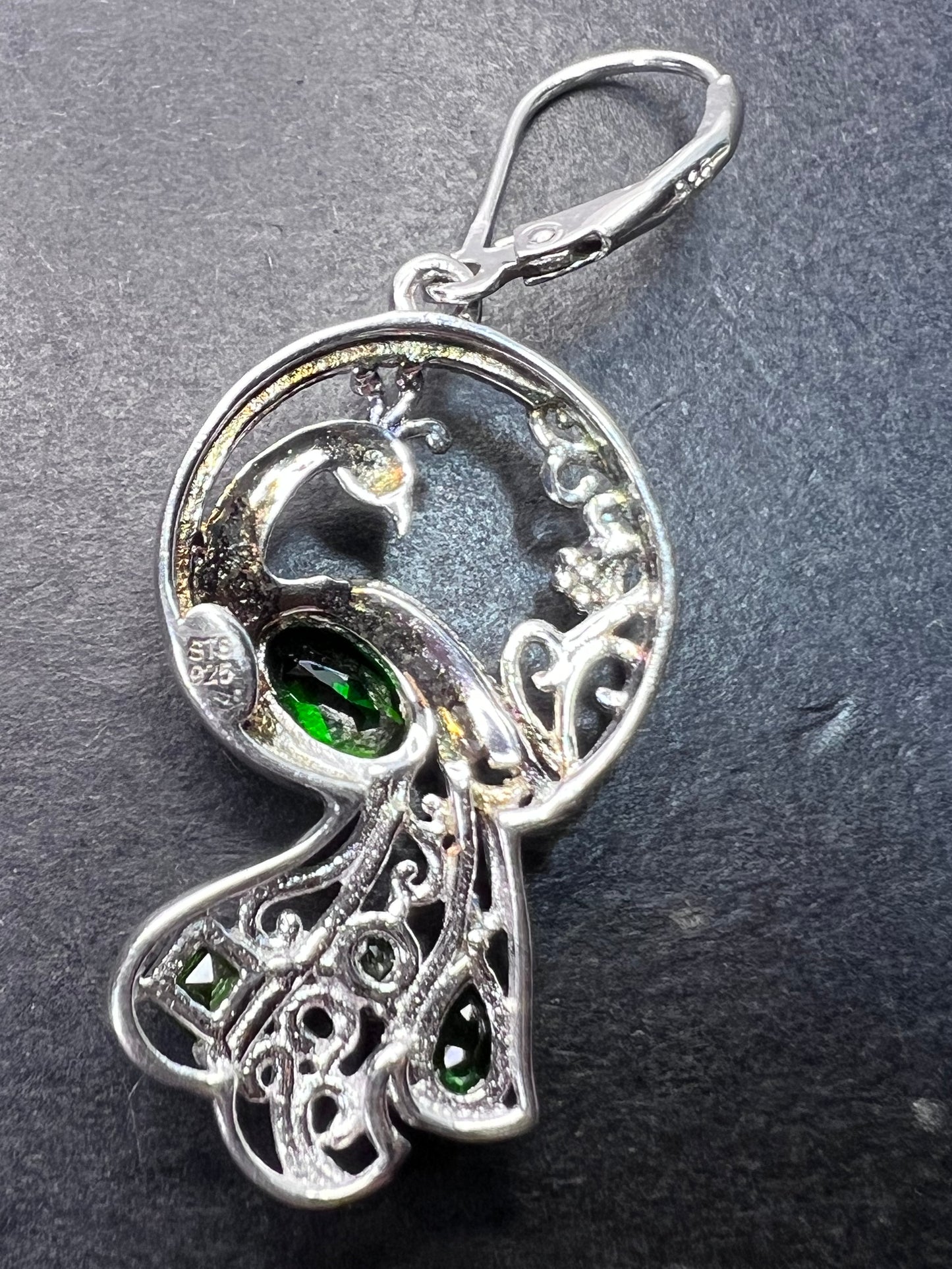 Chrome diopside sterling silver peacock dangle earrings