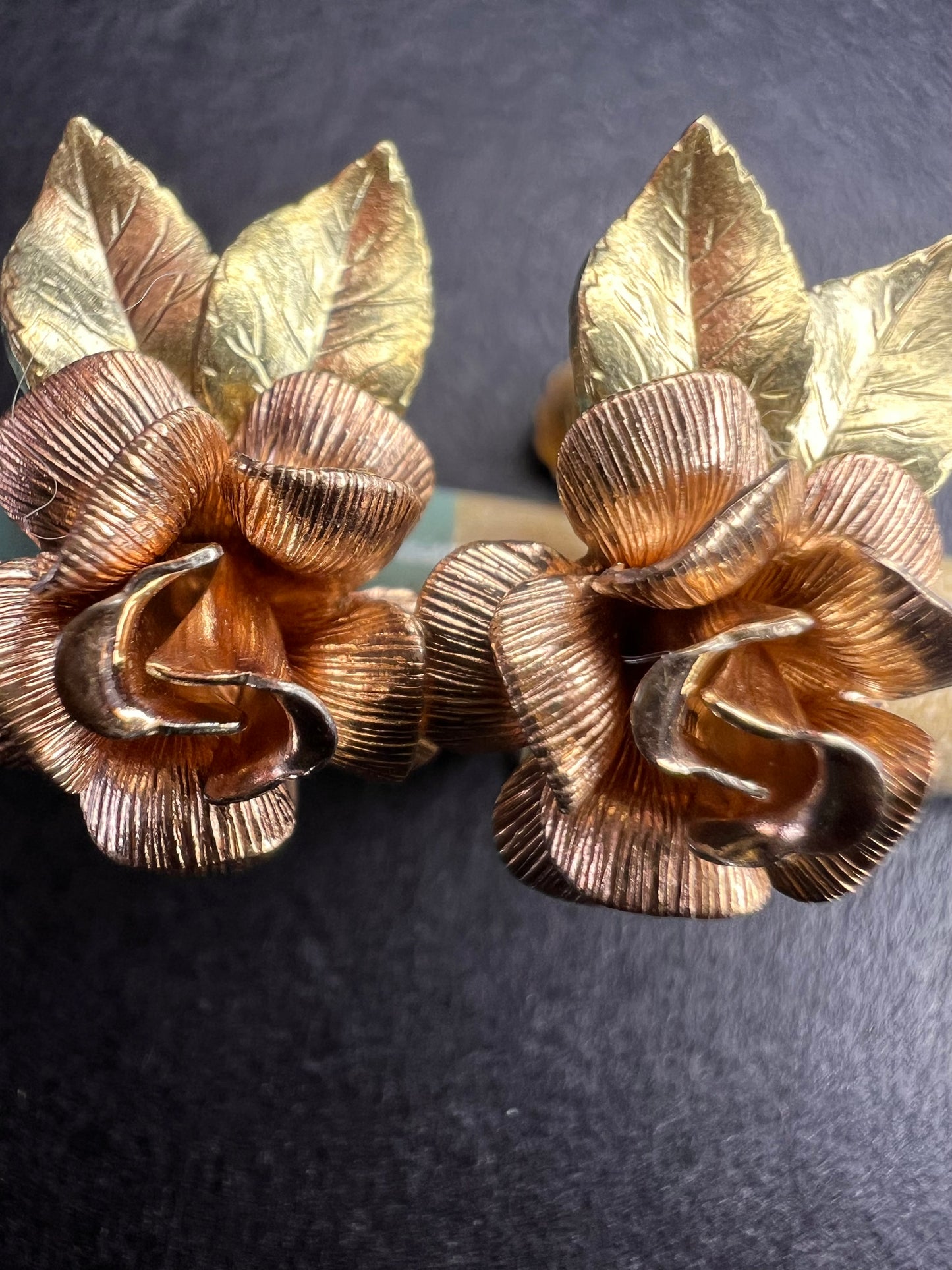 Vintage Krementz Rose and yellow gold tone Flower Leaf Screw Back Earrings