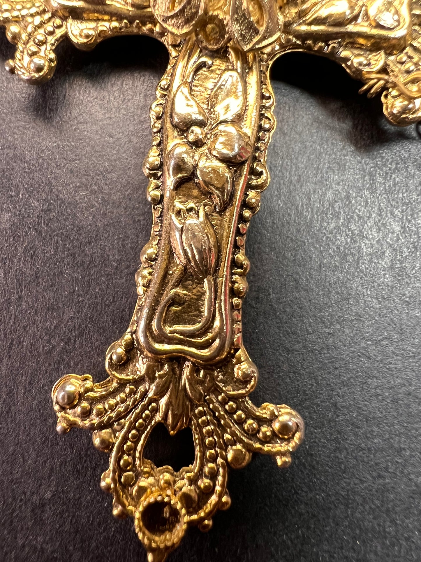 Vintage 1928 Gold Tone Cross Pendant Necklace with Faux Pearls – Long Chain Statement Jewelry