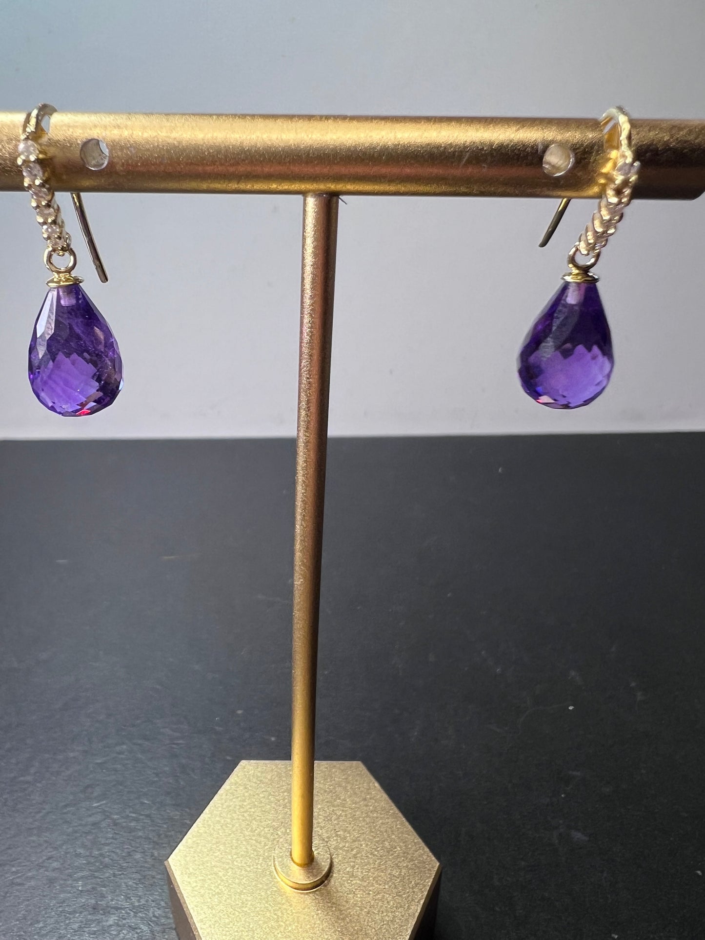 14k gold amethyst briolette and diamond dangle earrings