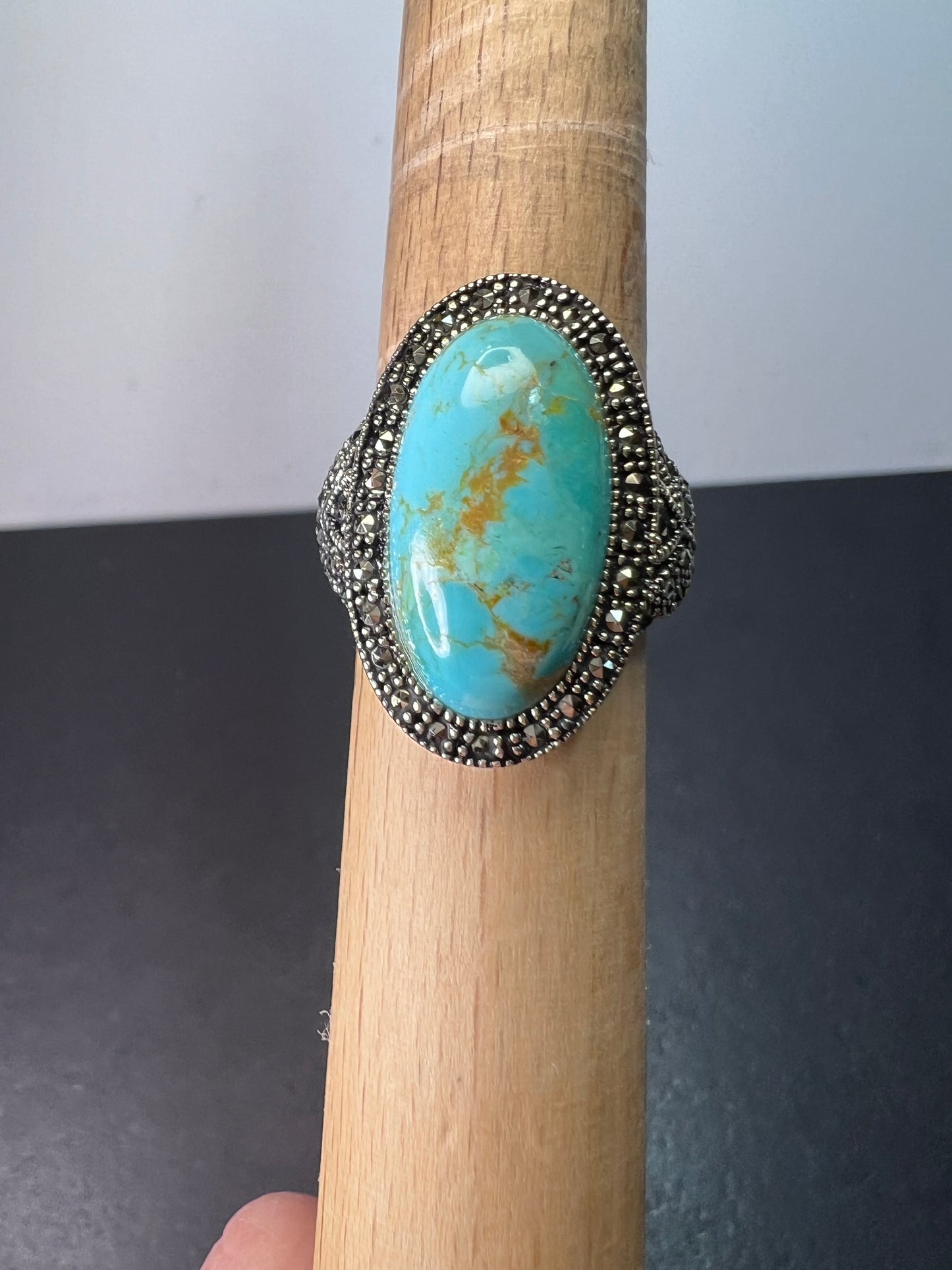 Turquoise composite sterling silver and marcasite ring size 9