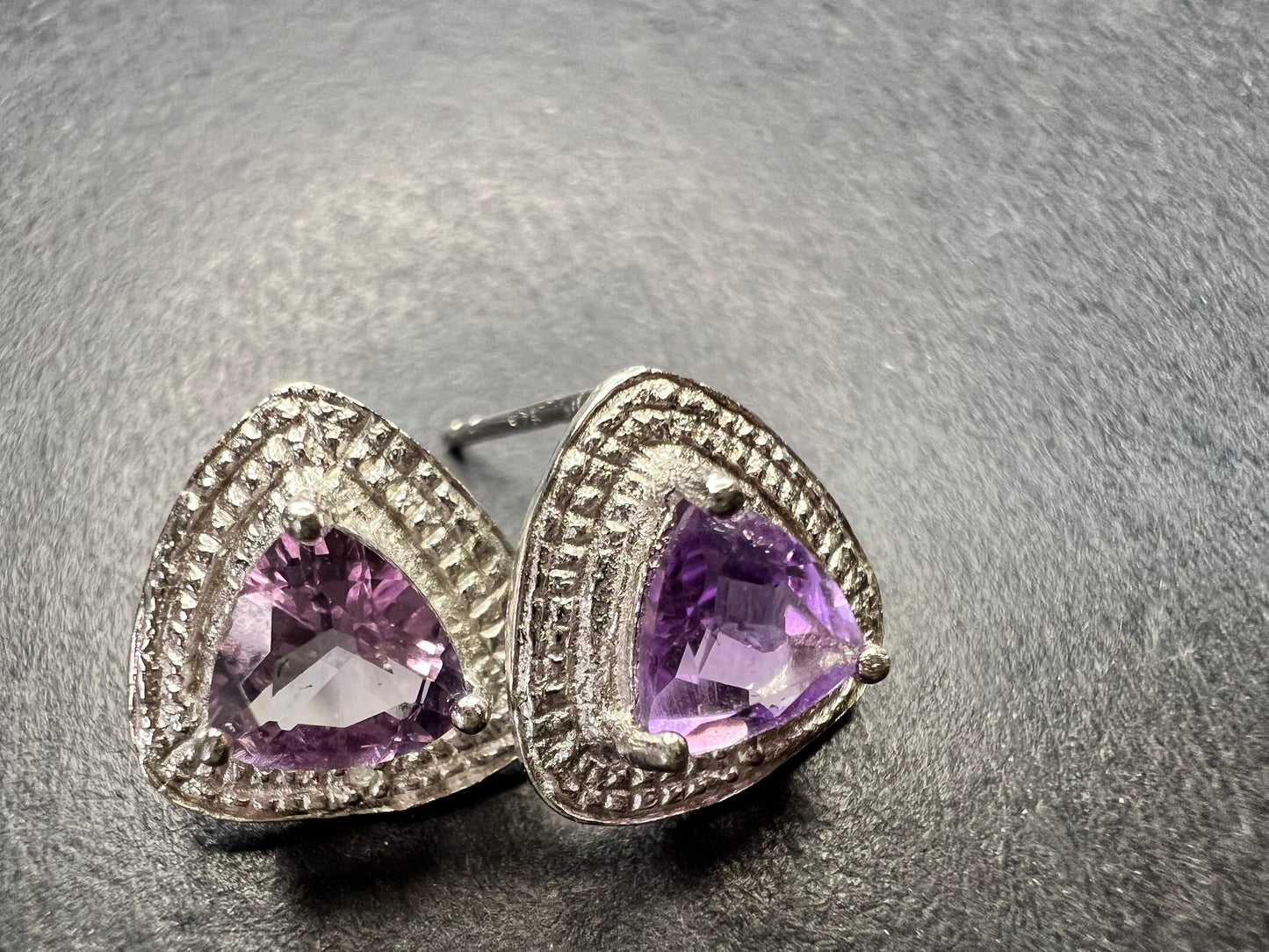 New Sterling Silver Trillion Amethyst Studs w Diamond Accents