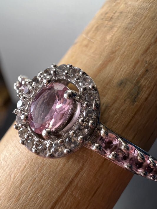 Pink tourmaline and white zircon sterling silver halo ring size 9