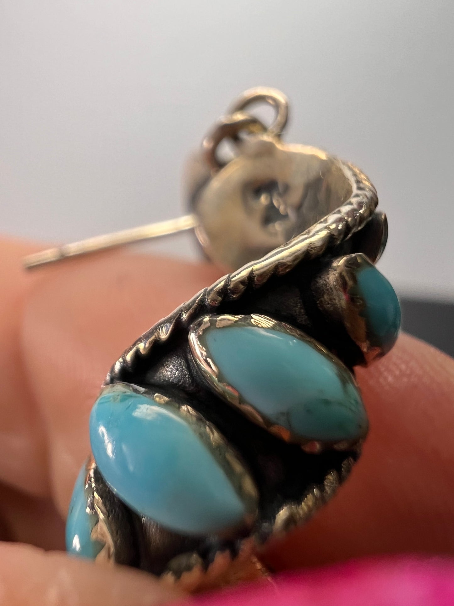 Santa Fe style Kingman turquoise swirl twisted drop sterling silver earrings