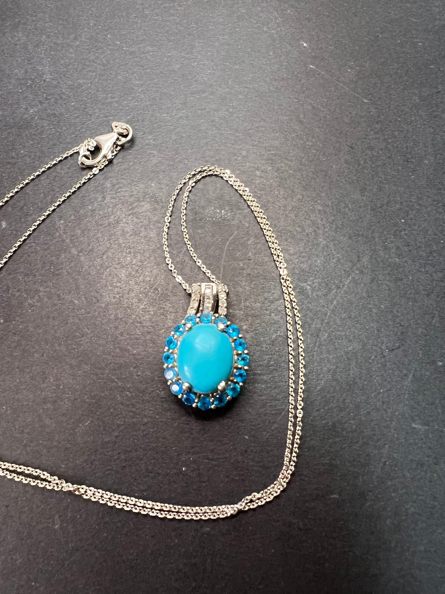 Sleeping Beauty turquoise , Malgache neon apatite and diamond halo pendant necklace in platinum over sterling silver with 20 inch chain 4.85ctw