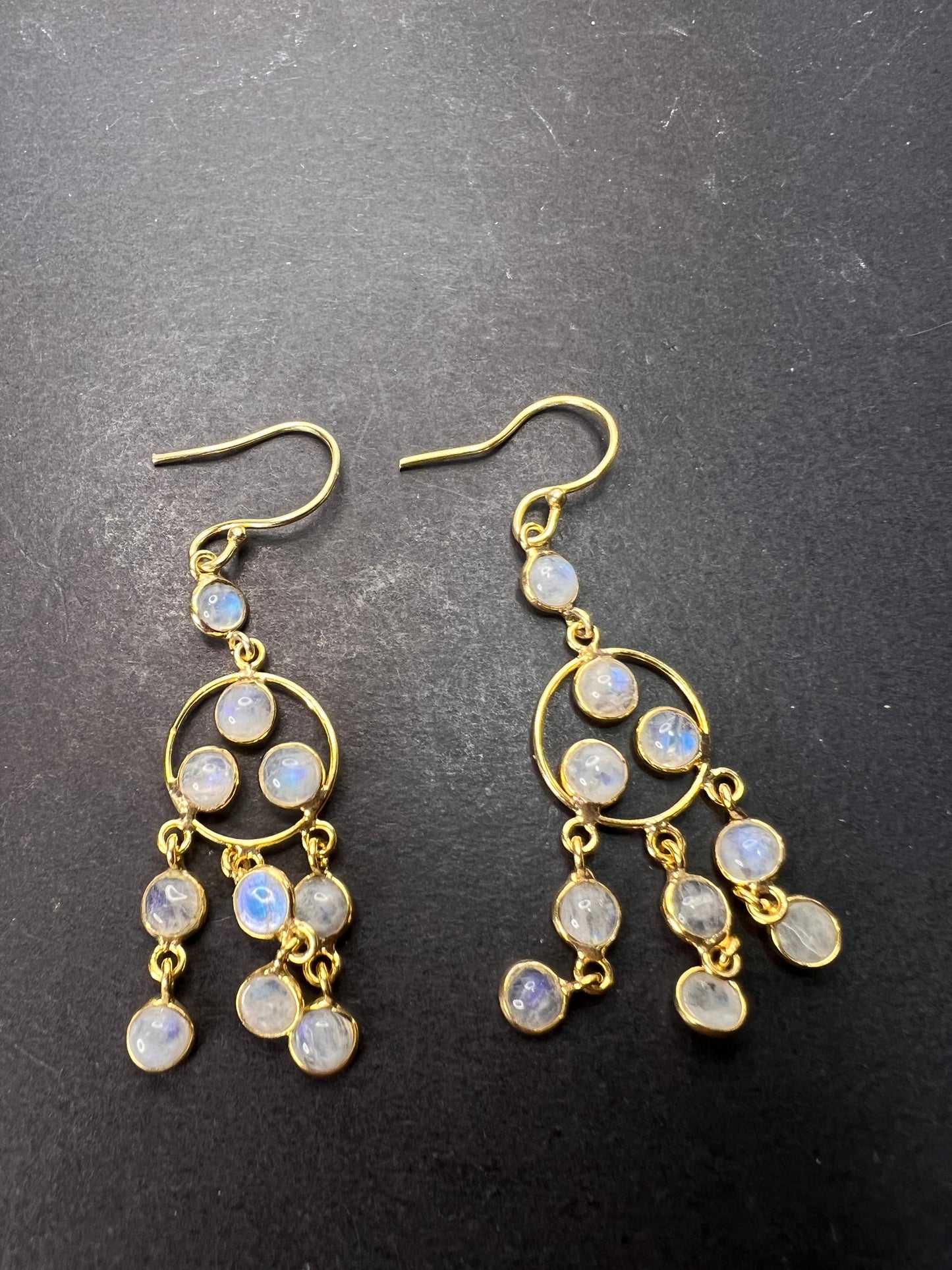 Rainbow moonstone gold over sterling silver chandelier earrings