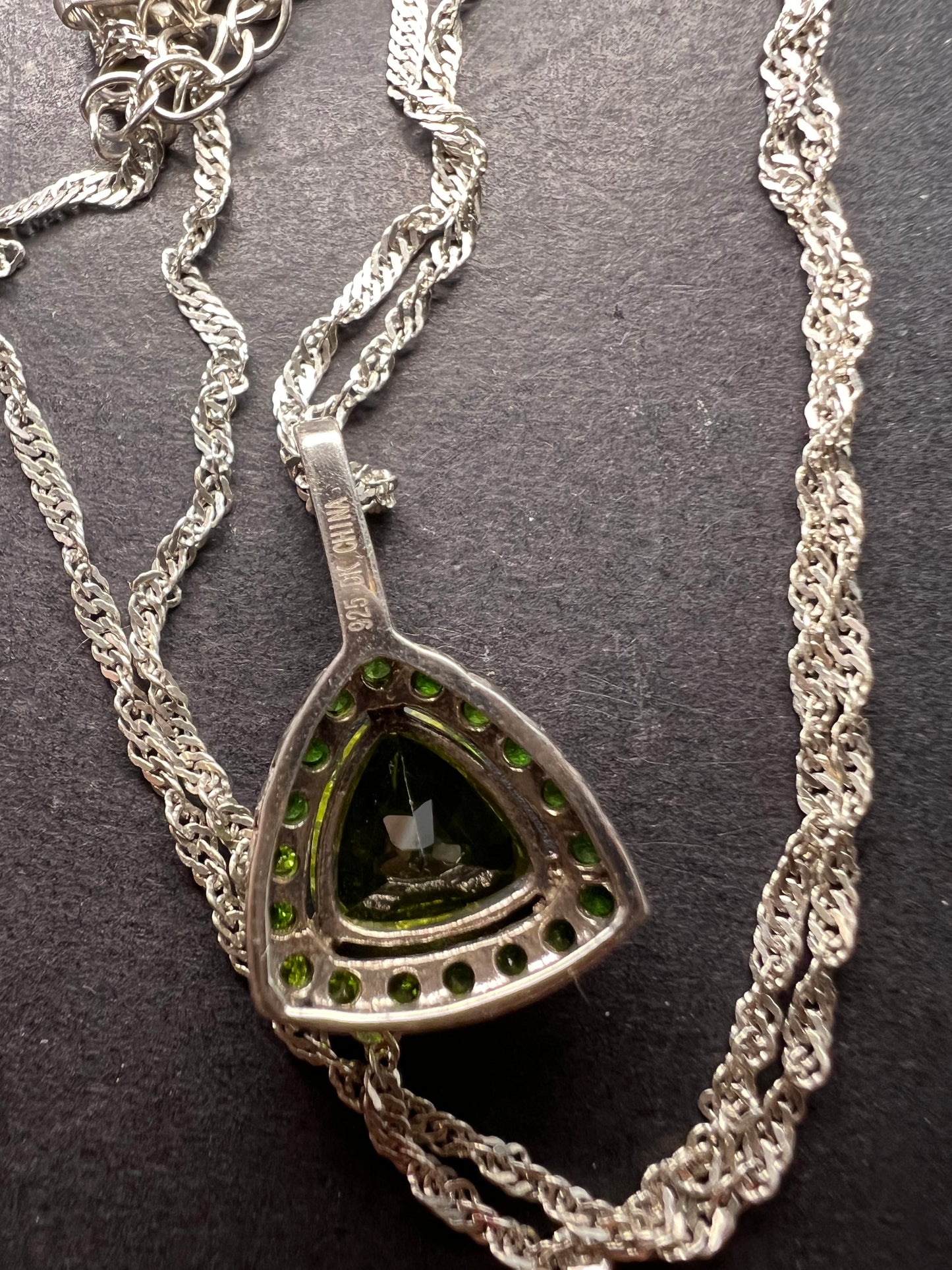 Trillium cut peridot and chrome diopside halo pendant and chain sterling silver necklace