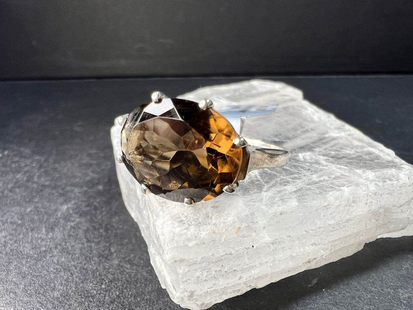 Smoky Quartz 925 Sterling Silver Statement Ring Size 9