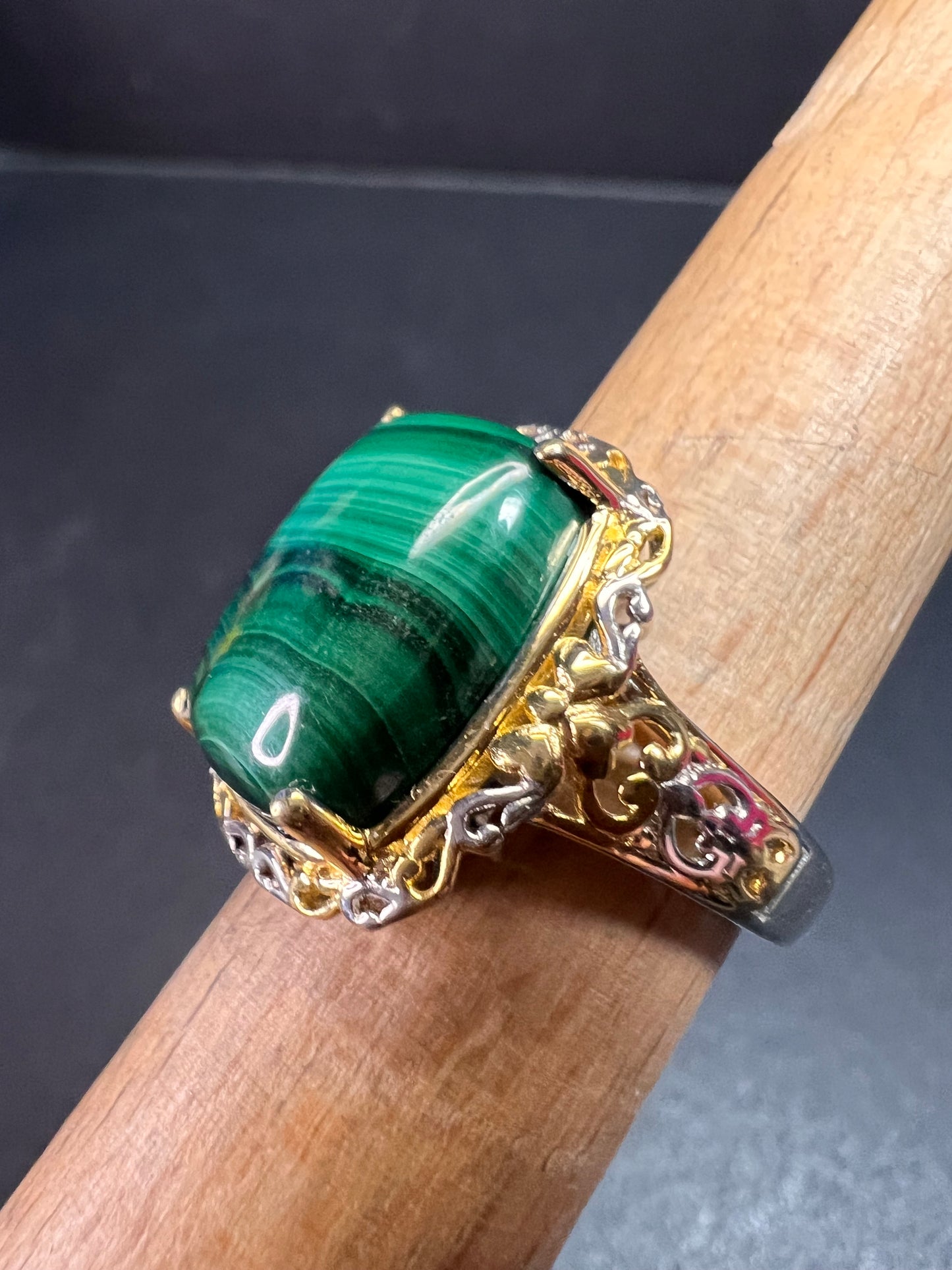 Karis Platinum & 18K Gold Plated Malachite Statement Ring Size 7