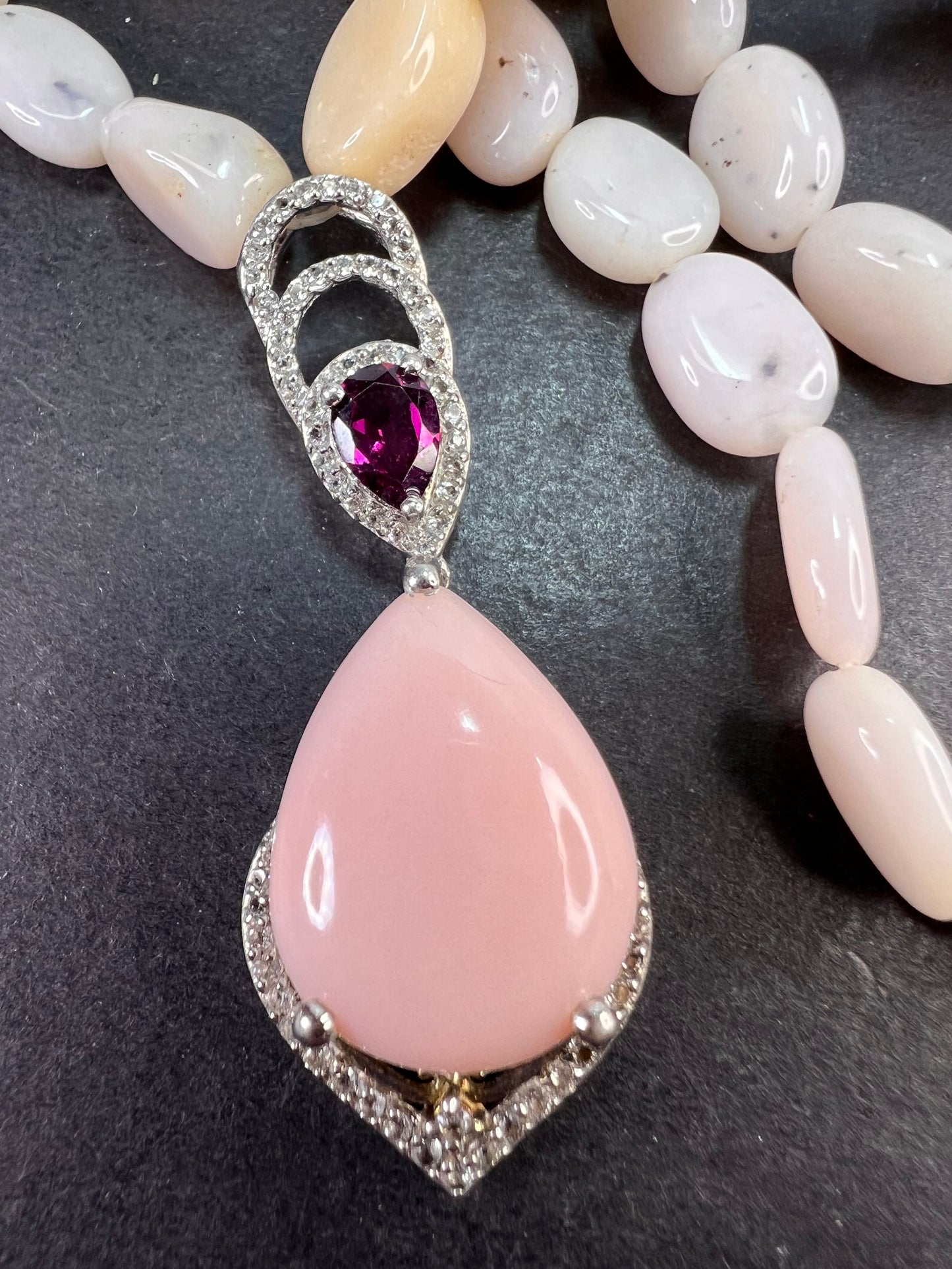 Peruvian pink opal and raspberry rhodolite garnet sterling silver necklace