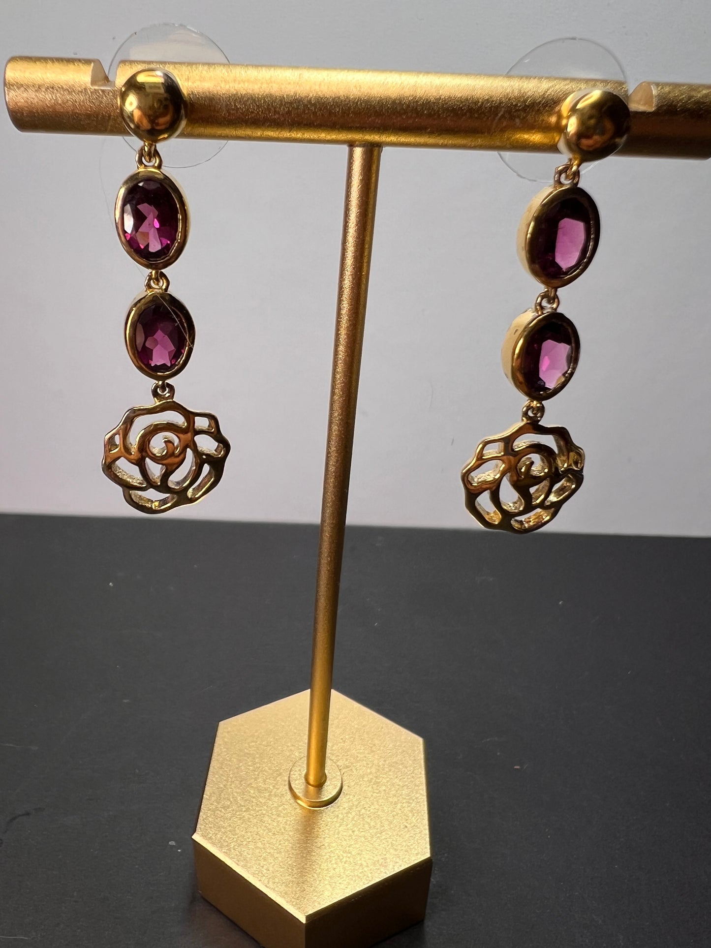 Grape rhodolite garnet dangle earrings in gold over sterling silver