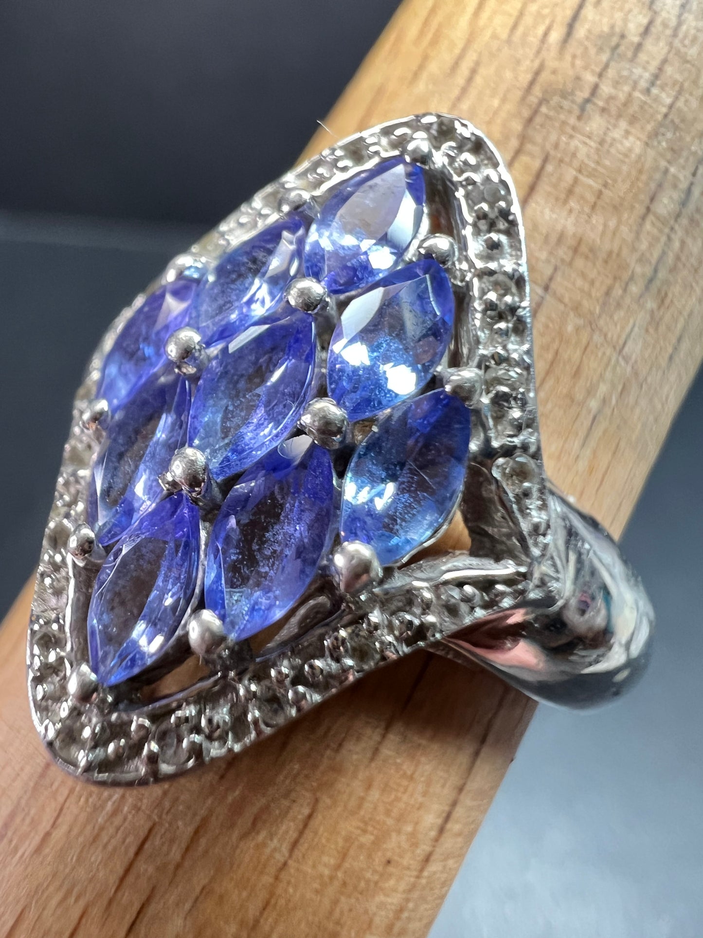 Vintage Tanzanite Diamond Sterling Silver Marquise Ring Size 9