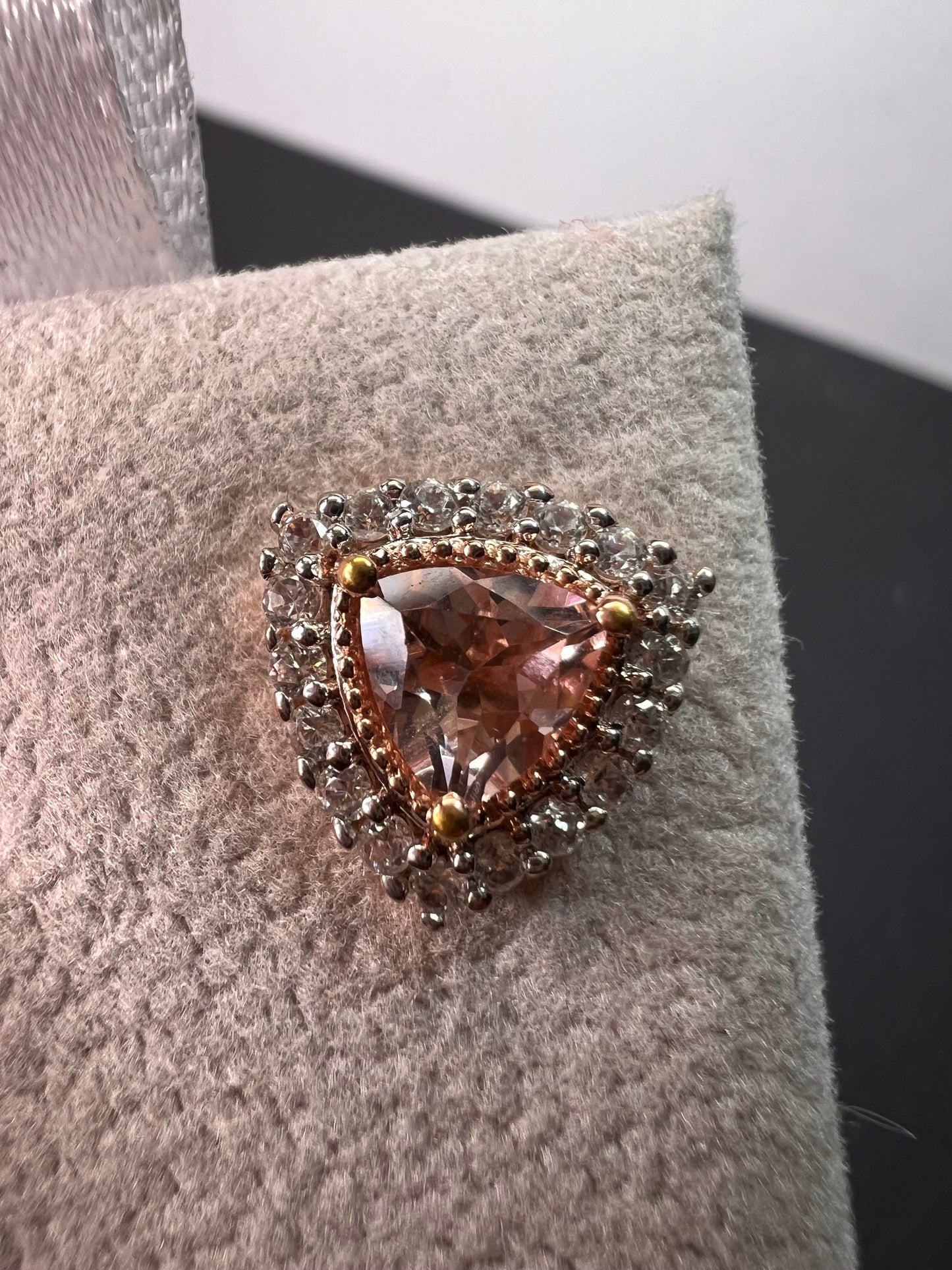 Morganite and zircon trillion halo rose gold over sterling stud earrings