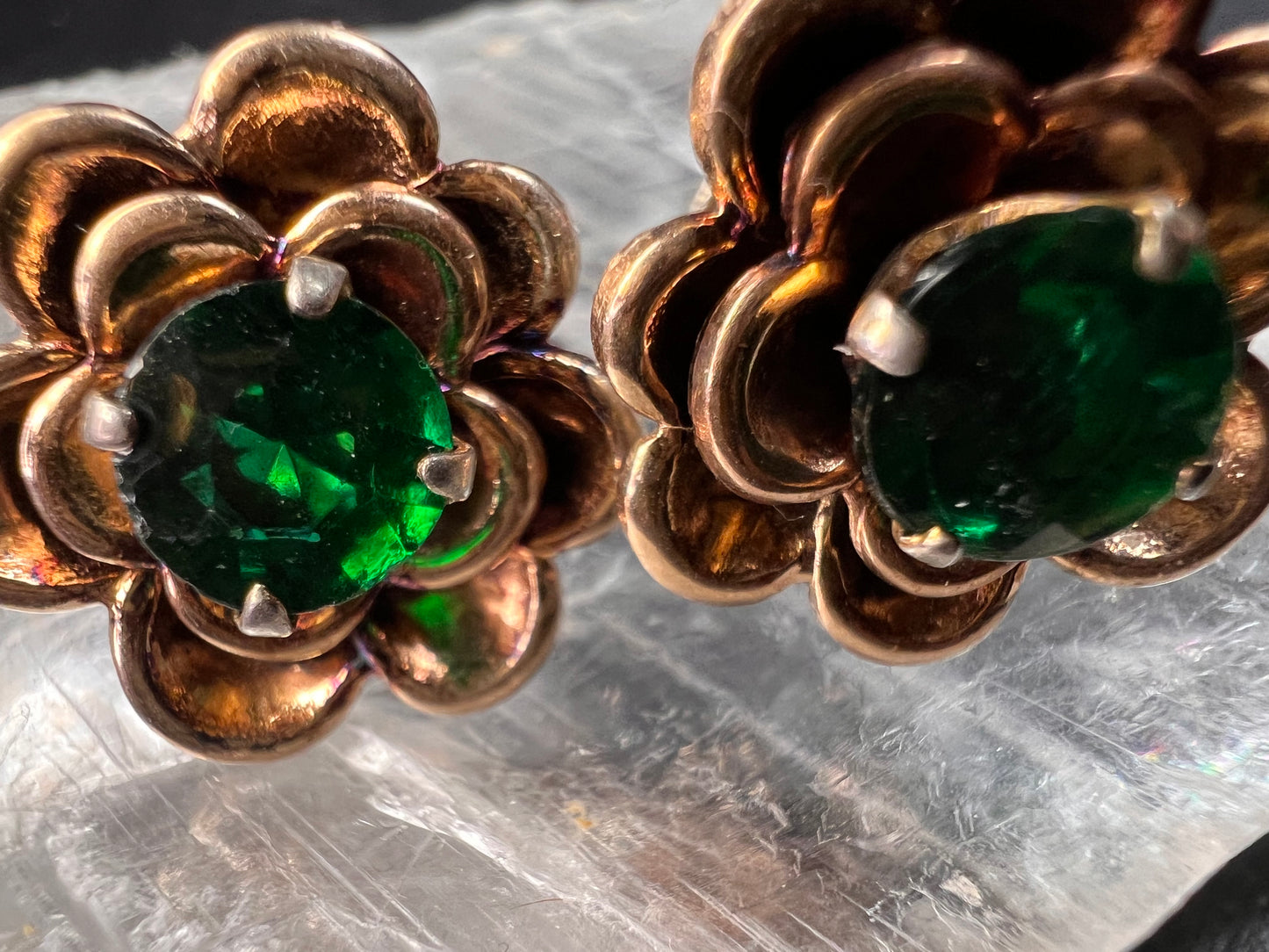 Vintage 1940s Vermeil Flower Screw Back Green Paste Earrings